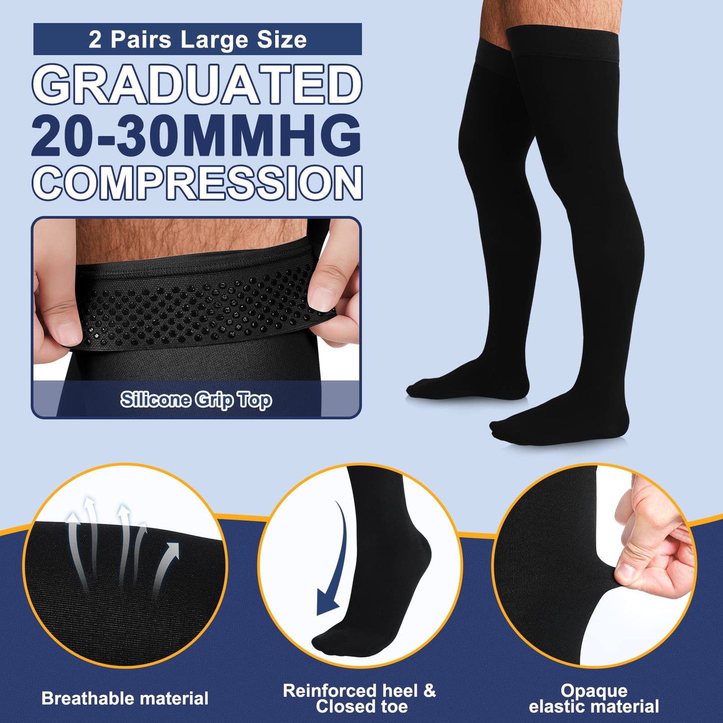 Zhanmai 2 Pairs Thigh High Men's Compression Socks 20-30 Mmhg Compression Stocking with Silicone Grip Men's Dress Socks (Large)