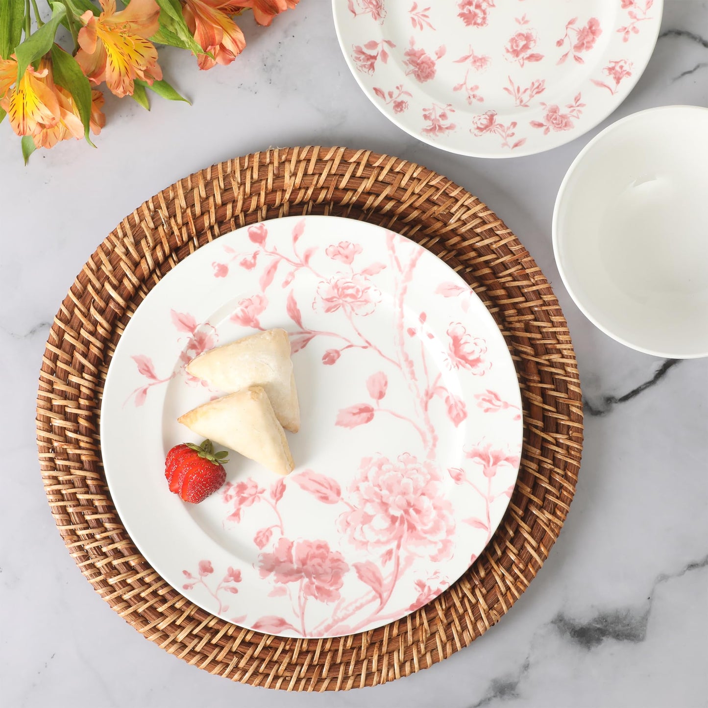 Martha Stewart Empress Bouquet 12-Piece Decorated Porcelain Chip and Scratch Resistant Dinnerware Plates and Bowls Set - Pink Floral