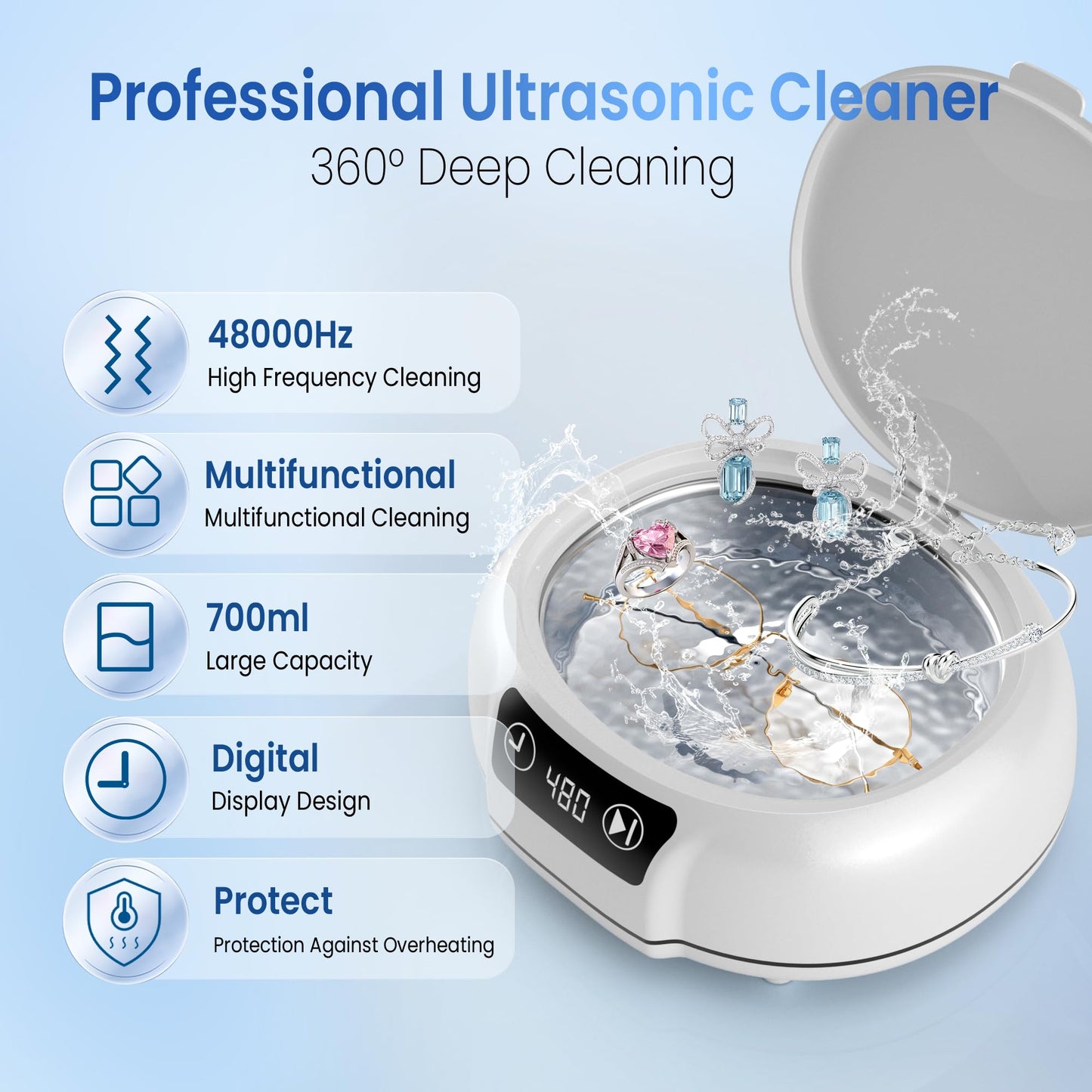 KUNPHY Jewelry Cleaner, 700ml(24.5 Oz) 48KHz Ultrasonic Jewelry Cleaner with 3 Digital Timers, Ultrasonic Cleaner for Silver, Gold Jewelry, Glasses, Rings, Diamond
