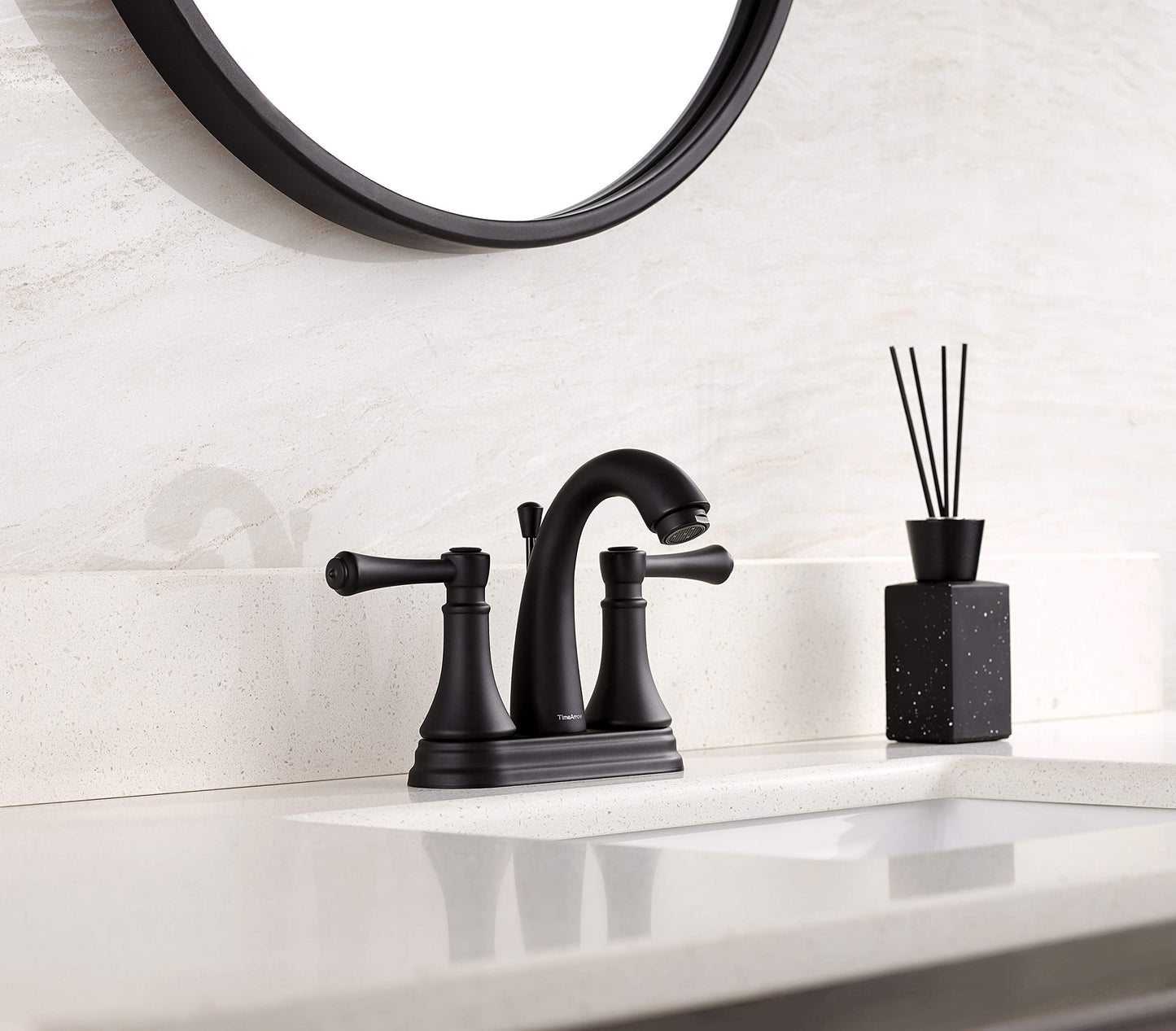 Matte Black 4 Inch Bathroom Sink Faucet 3 Hole, 2 Handle Centerset Bathroom Faucet with Metal Casting Spout, Modern RV Farmhouse Vanity Faucets, Include Drain with Overflow and Lift Rod, TAF410Y-MB