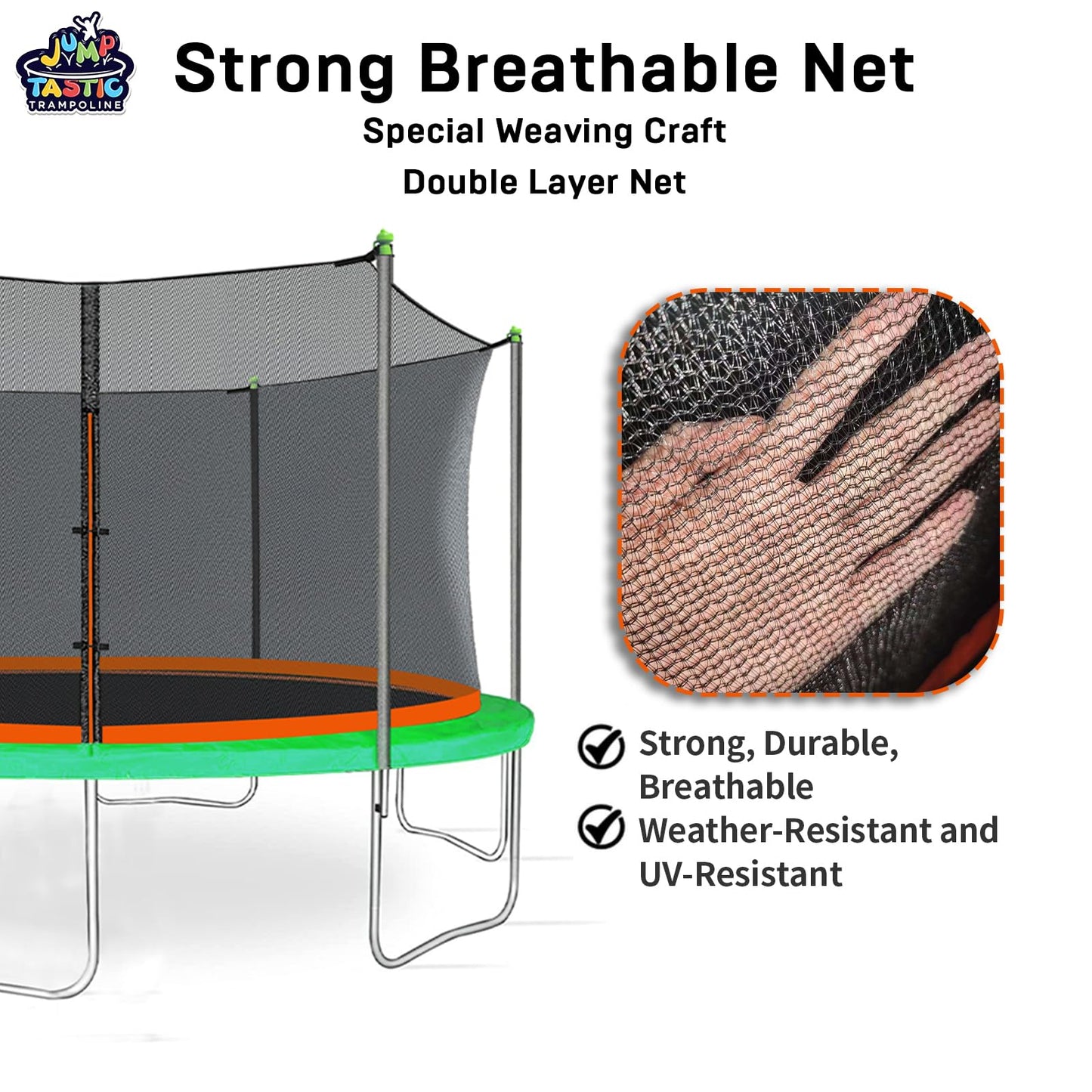 14Ft Trampoline Net Replacement with 6 Enclosure Pole Caps, Trampoline Replacement Enclosure Net Round Safty UV-Resistant Weather-Resitant Breathable Durable(Not Include Poles)