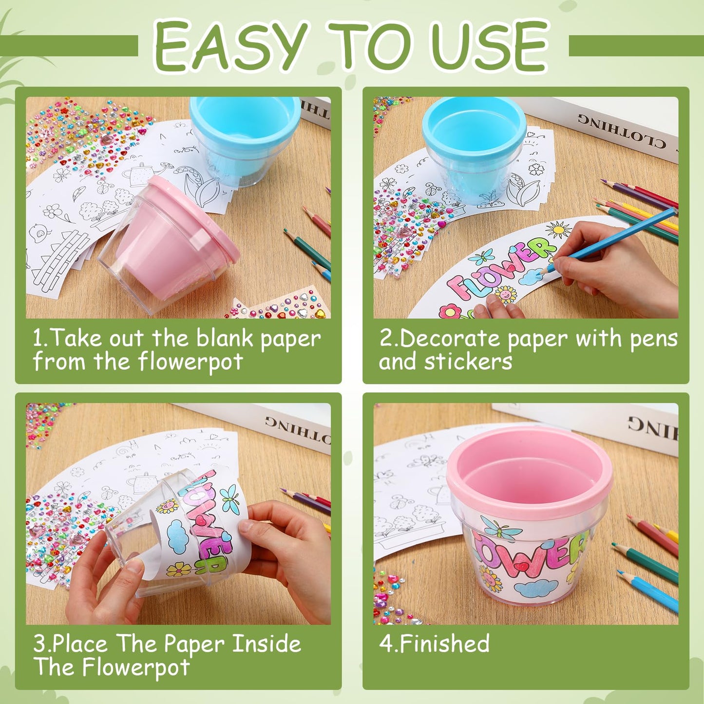 SiliFine 24 Pcs Spring DIY Flower Pots Crafts for Kids with 24 Drawing Inserts and 4 Sheets Rhinestones Stickers Color Your Own Flower Plant Pot for Kids DIY Art Projects Fun School Home Activities