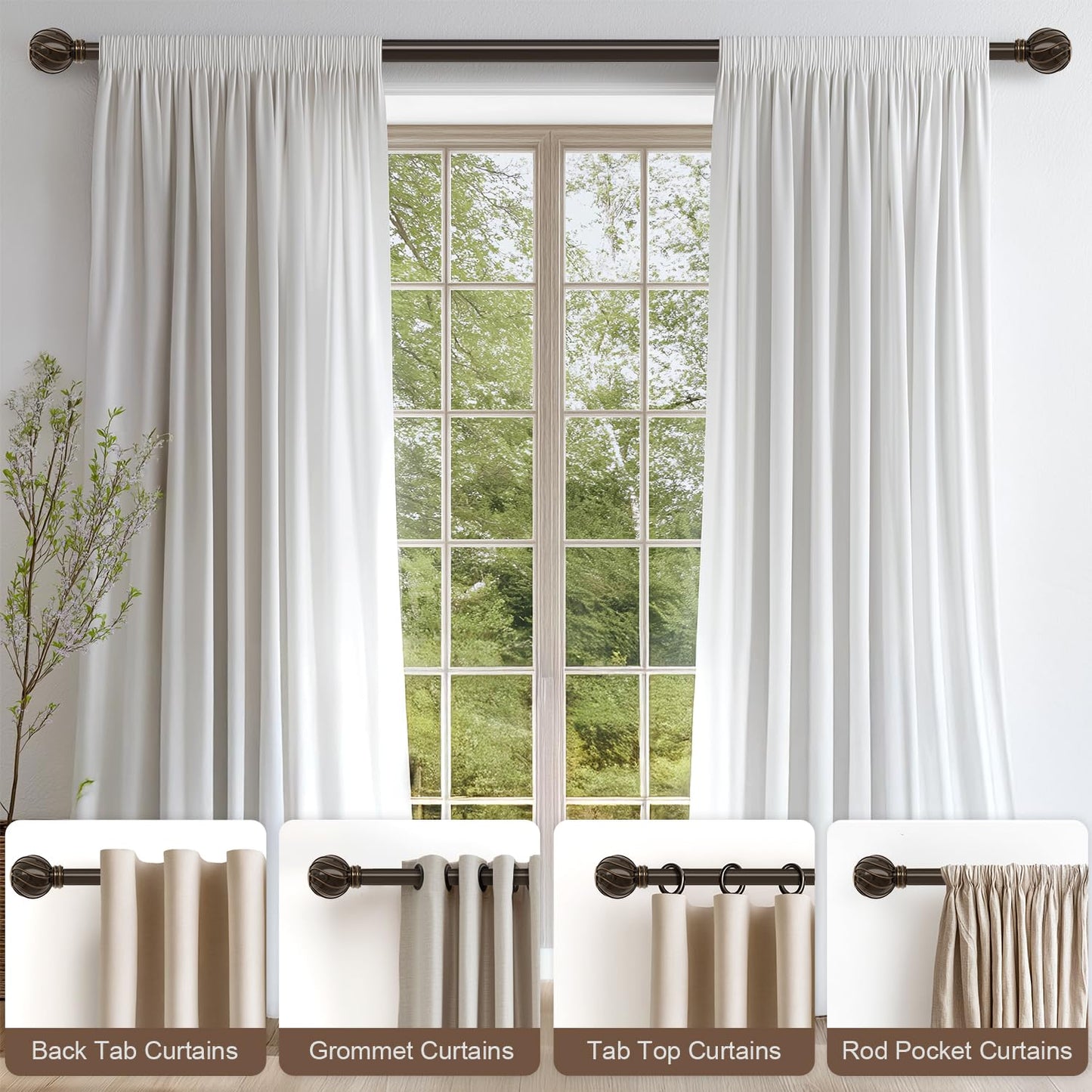 2 Pack Brown Curtain Rods Set for Windows 48 to 84 Inches Adjustable Length Heavy Duty 7/8" Diameter Window Curtain Rod with Decorative Finials for Outdoor Farmhouse Bedroom Kitchen Living Room