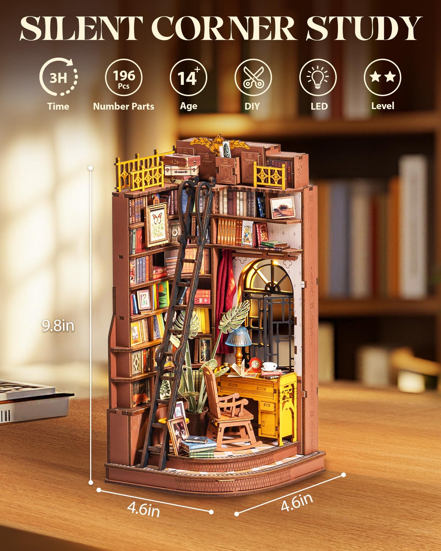Rolife DIY Book Nook Kits for Adults, Miniature Dollhouse Booknook Kit, 3D Wooden Puzzle Creative Decorative Bookends Bookshelf Diorama Insert Crafts Hobbies Gifts (Silent Corner Study)