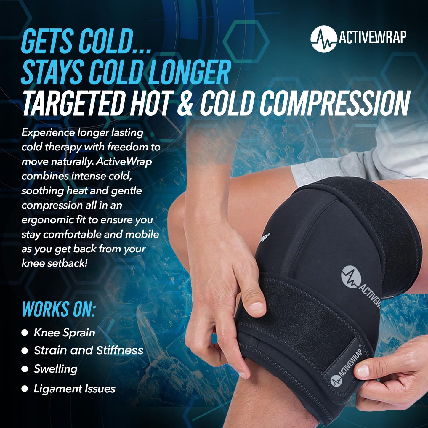 ActiveWrap - Knee Ice Pack Wrap with Compression, 2 Reusable Gel Heat & Cold Packs for Knee Pain, Sore Legs & Shin Splints. Flexible Cold Wrap for Injury and Swelling Control & Joint Support - One Size Fits Most