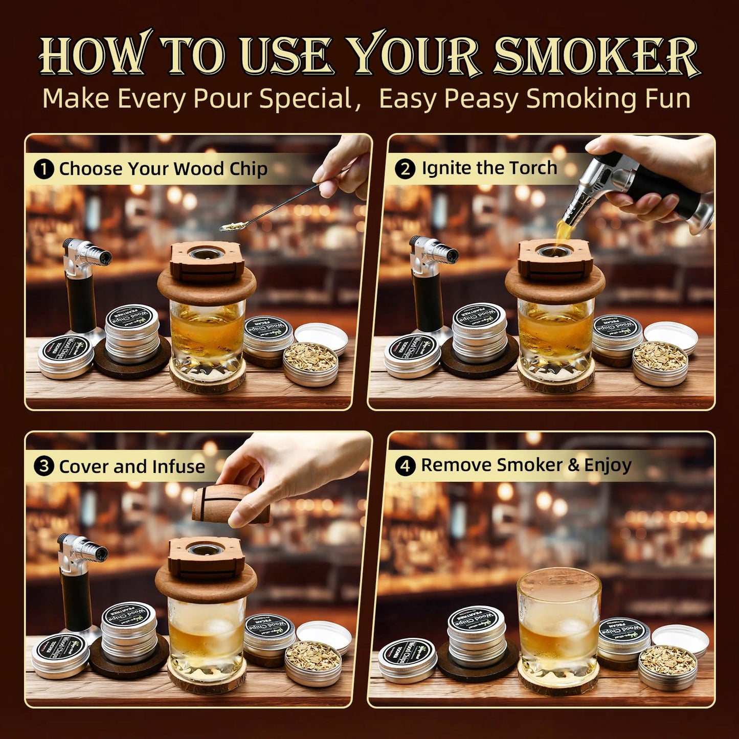 Yodel Whiskey Smoker Kit with Torch – Old Fashioned Cocktail Smoker Set with 6 Wood Chip Flavors, 2 Whiskey Glasses & 2 Ice Ball Molds – Gifts for Men, Dad, Husband & Him