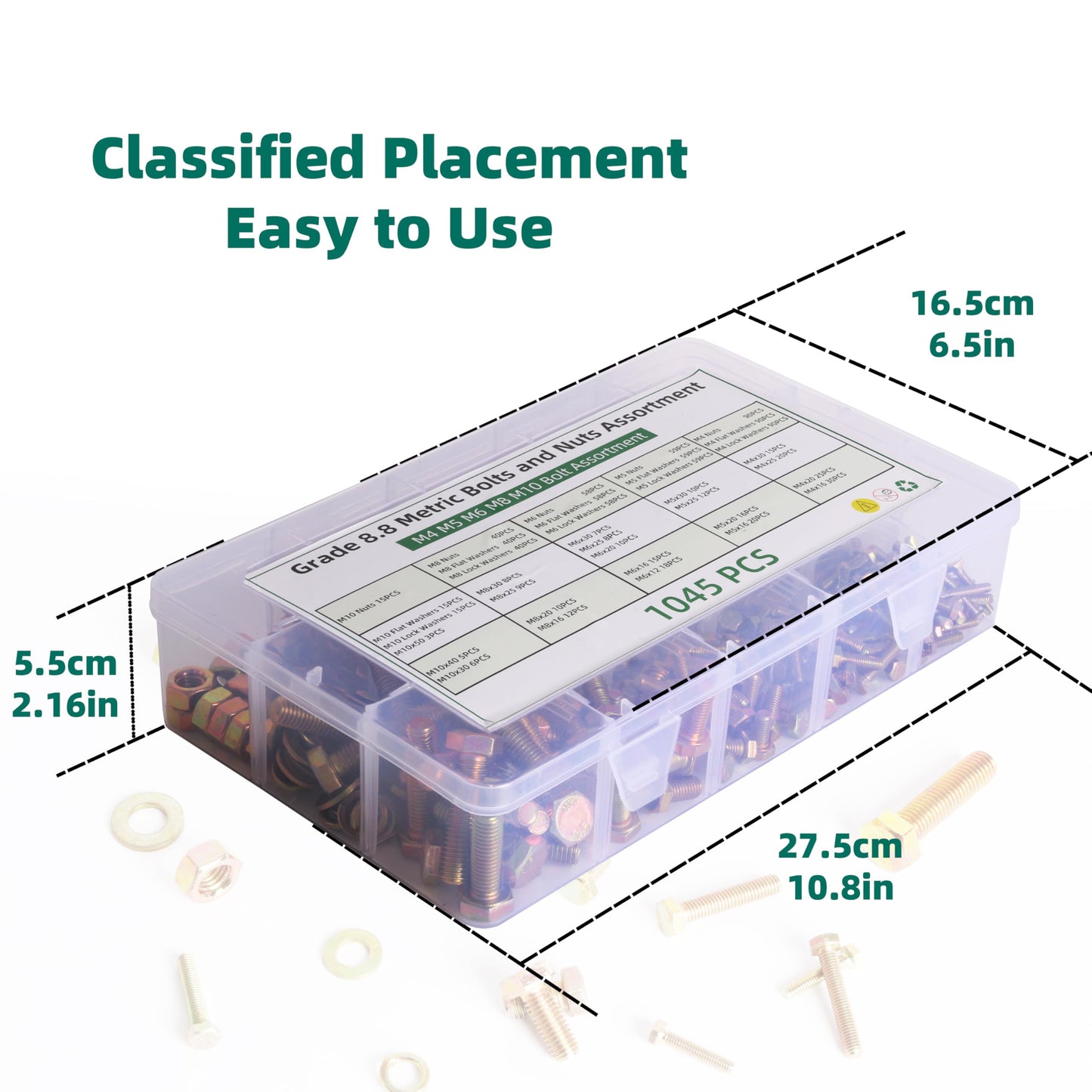 1045PCS M4 M5 M6 M8 M10 Metric Nuts Bolts Washers Assortment Grade 8.8, Heavy Duty Bolts Assortment Nuts Kit, Length from 12 to 30 mm (0.47-1.18 in)