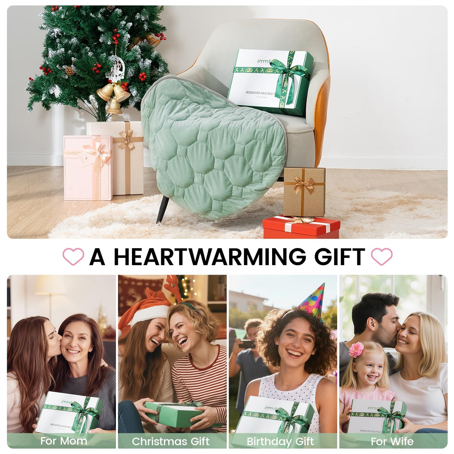 immtree Weighted Heating Pad for Back & Period, 7lbs XXXL Size(29x24) with Fast Heat Technology, Electric Heated Blankets for Abdomen, Shoulder, Knee, Birthday Gift for Women Men Mom Dad, Sage Green