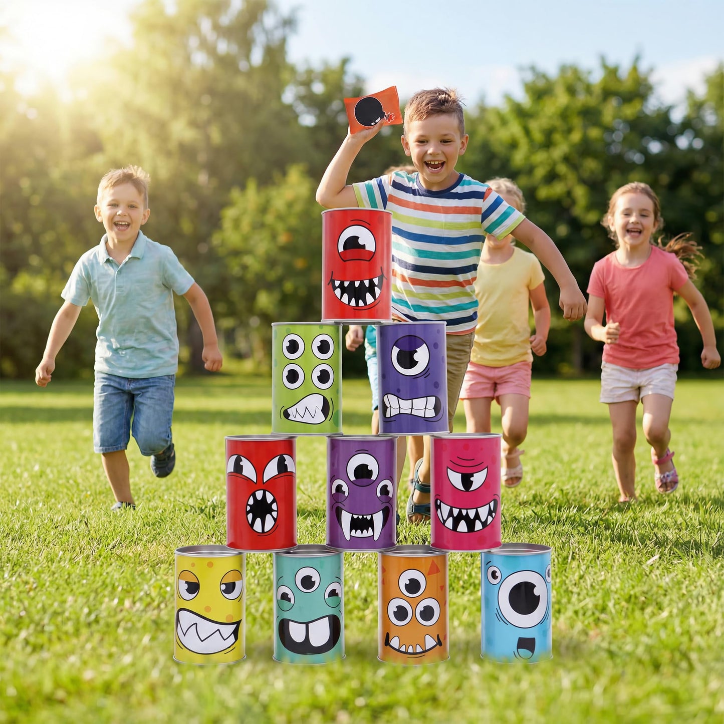 JOYIN 13 Pcs Carnival Bean Bag Toss, Knockdown Can Game Set, Holiday & Birthday Party Games, Outdoor Lawn Yard Activity for Kids Party Favors, Easter Egg Hunt for Classroom Gifts (Monster Style)