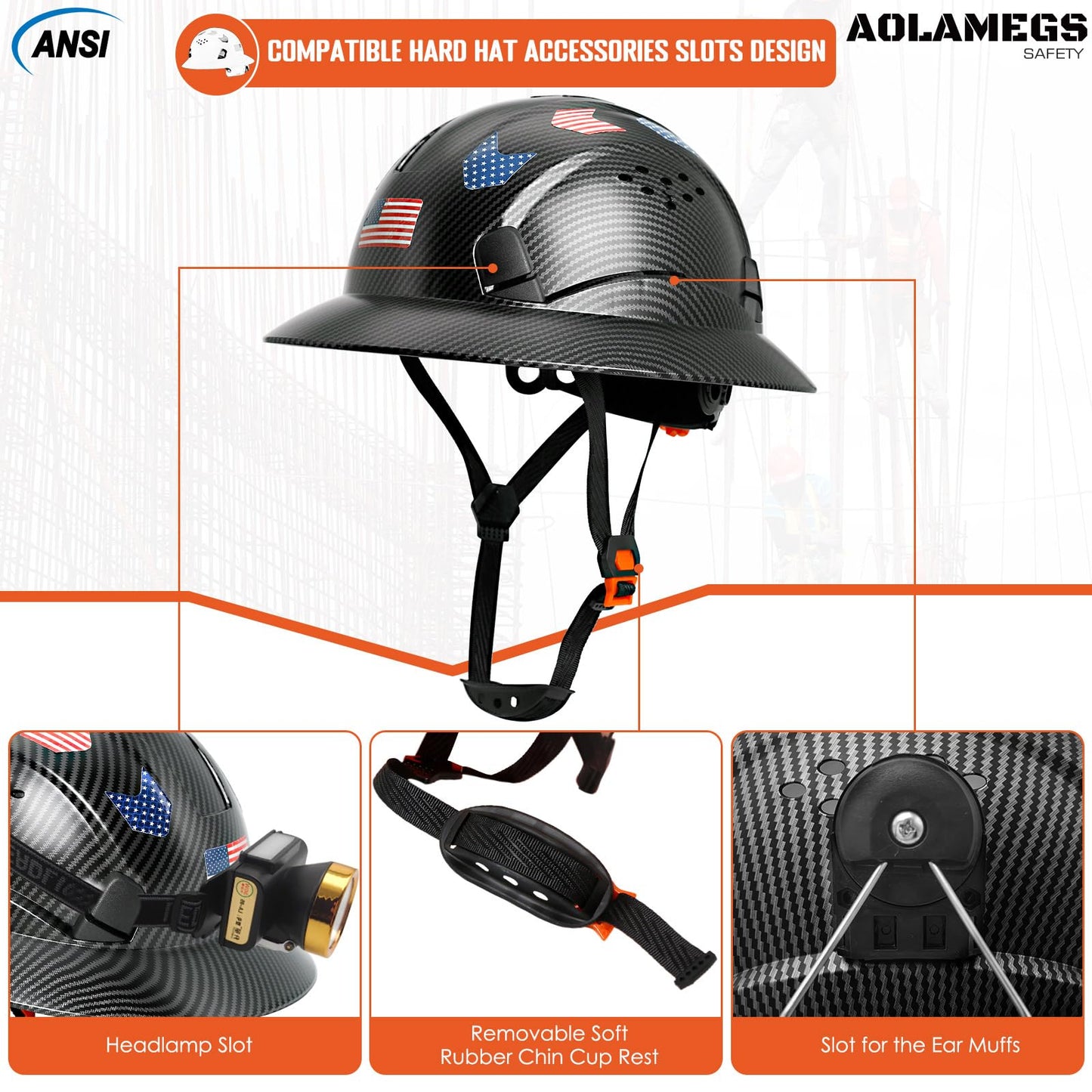 Aolamegs Safe Matte Black Carbon Fiber Pattern Full Brim Hard Hat with Visor - Vented Hard Hats Construction OSHA Approved for Men Adult, Reflective Safety Helmet with Chin Strap,6-Point Suspension