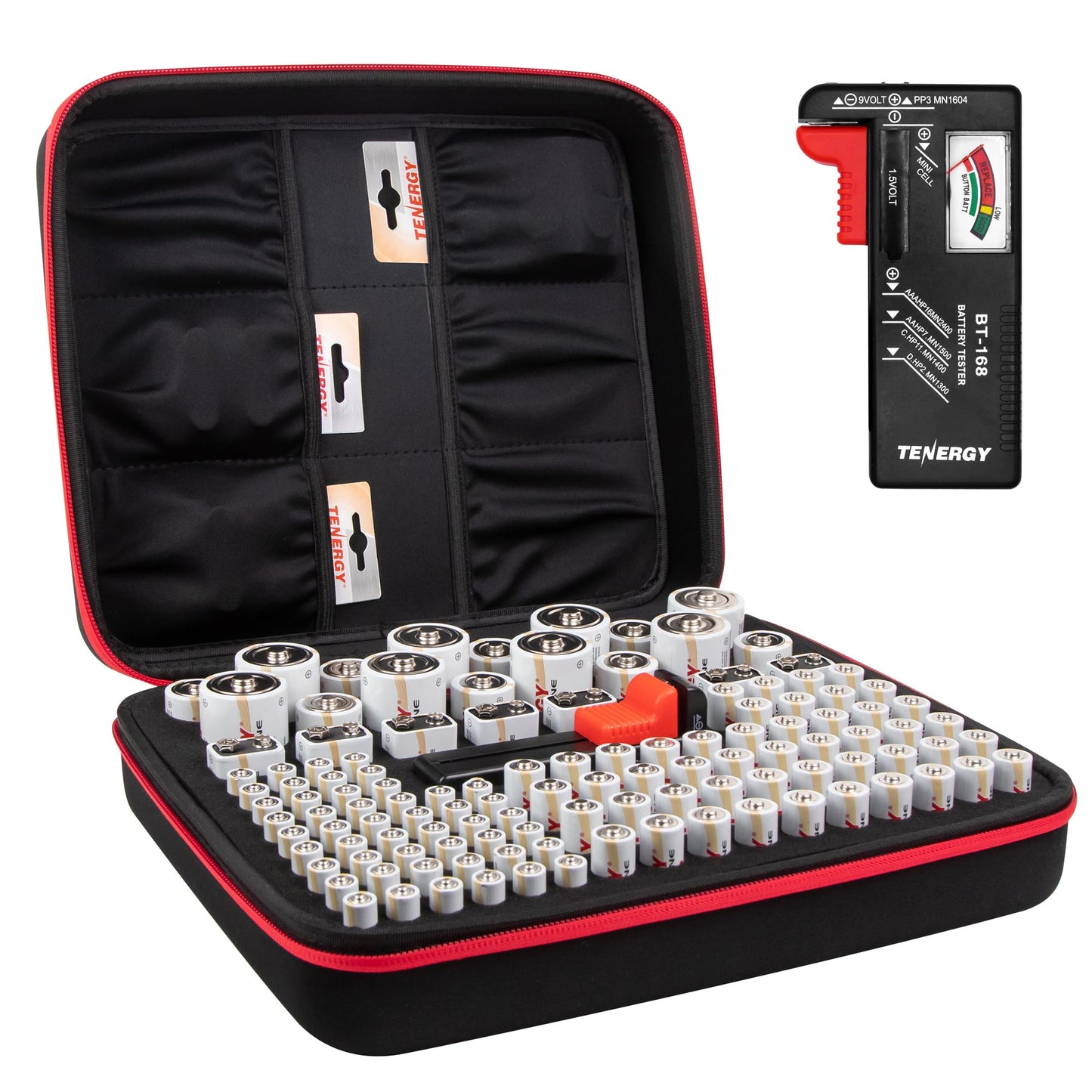 Tenergy Alkaline Batteries & Storage Case, 48xAAs, 48xAAAs, 8xC Size, 8xD Size, 8 Pack 9V Size Batteries, and Battery Organizer Case