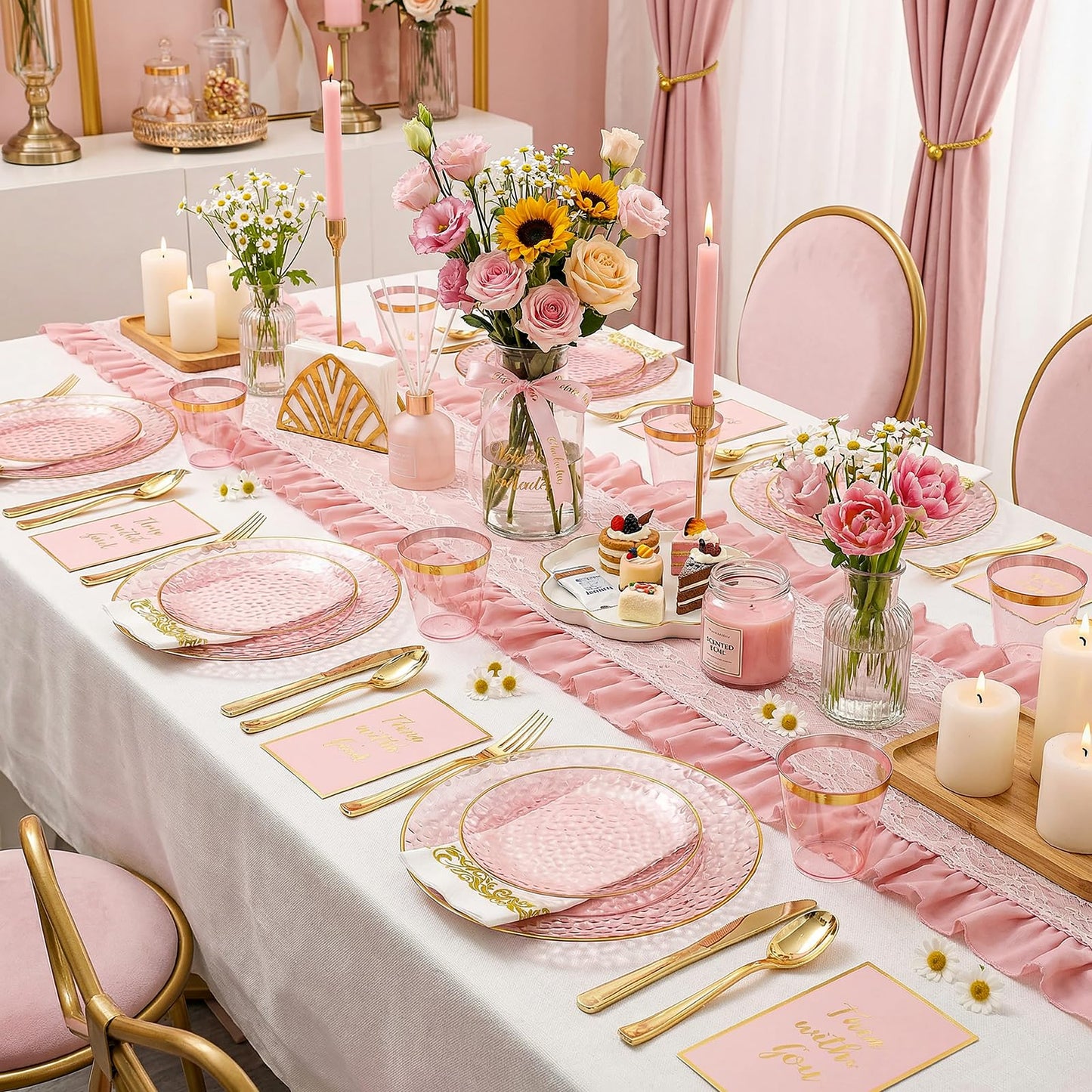 Rubtlamp 350 Pcs Clear Pink Plastic Plates, Pink Gold Plastic Dinnerware Set (50 Guests), Disposable Plates With Gold Rim, Hammered Party Plates Set for Wedding And Party