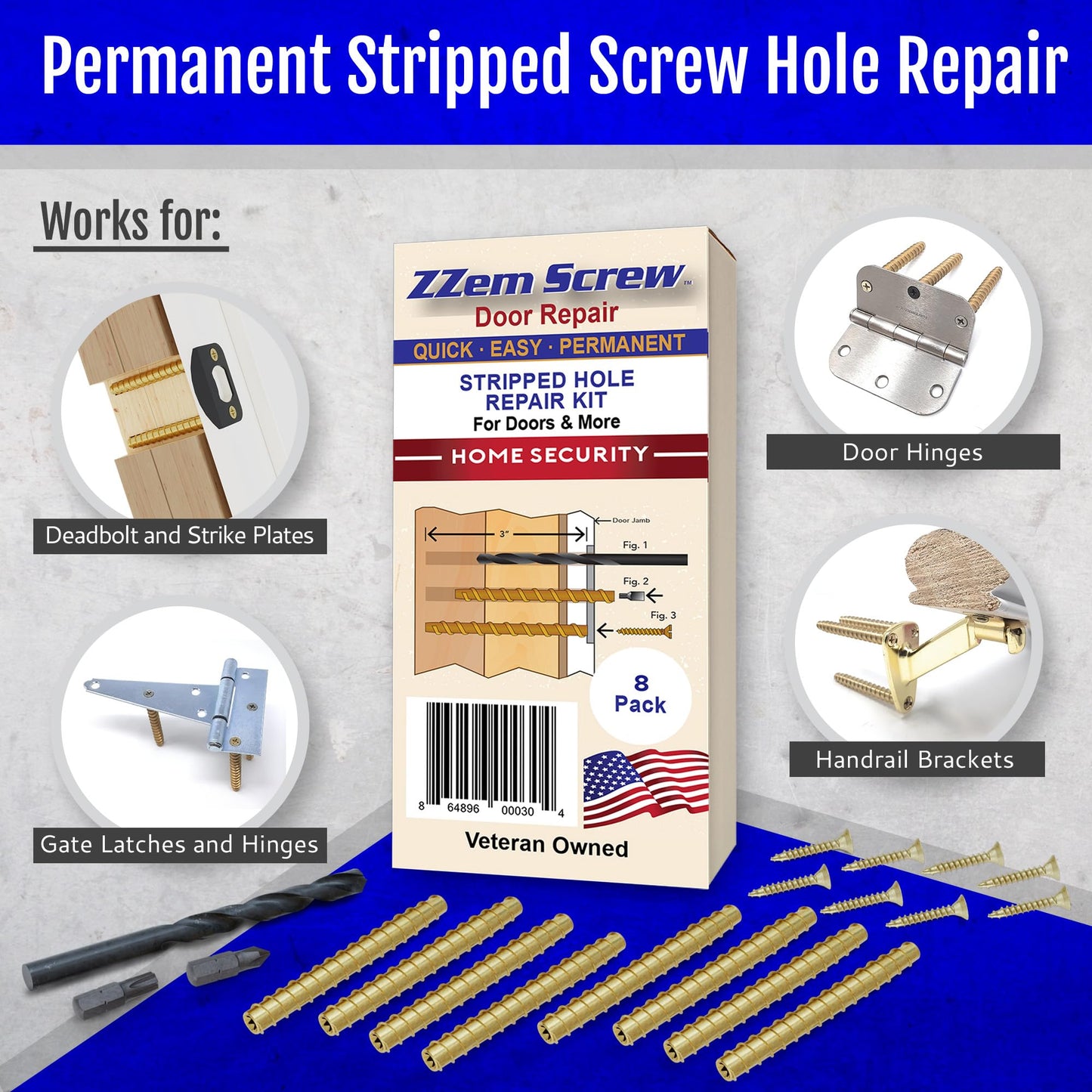 8 Pack Permanent Stripped Screw Hole Repair and Door Reinforcement Security Kit Repair Stripped Screw Holes and Sagging Doors in 3 Easy Step-Made in USA!