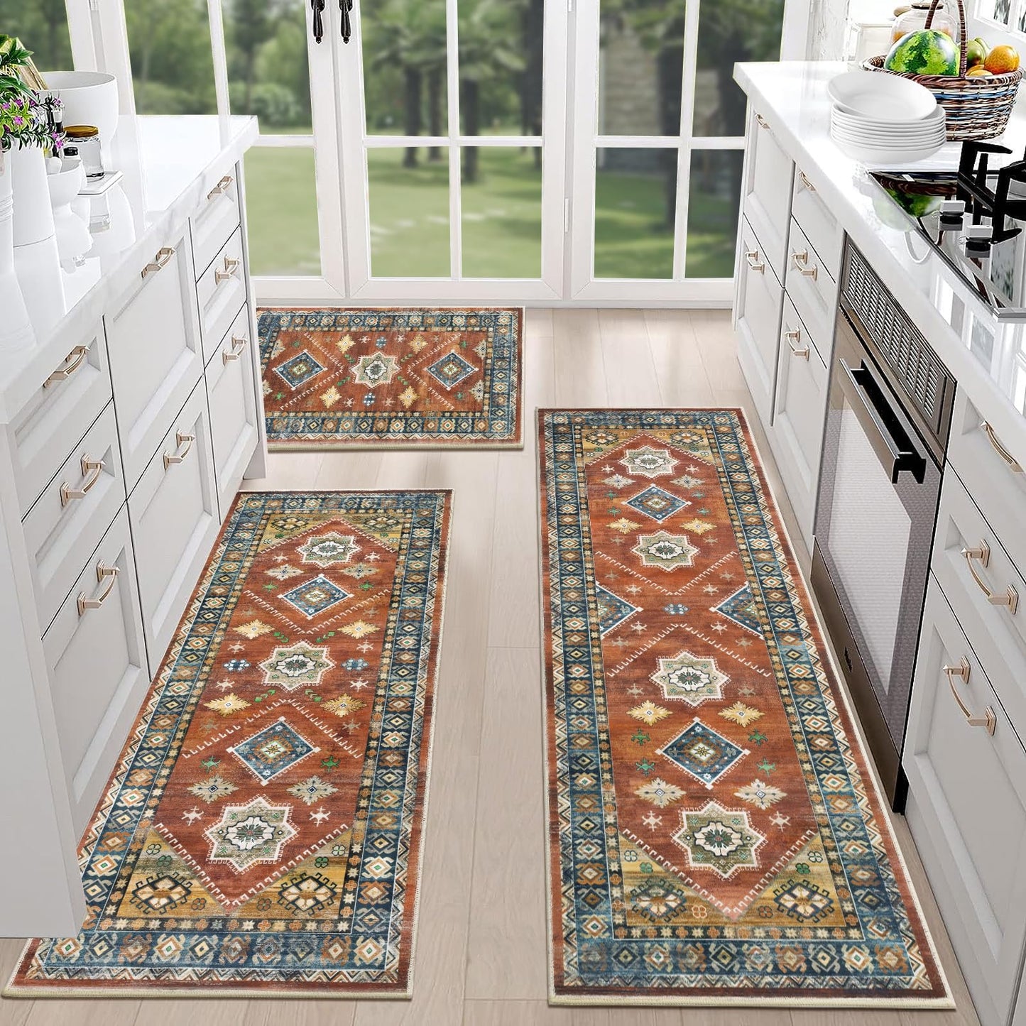HEBE Boho Kitchen Rug Sets 3 Piece with Runner Non Slip Kitchen Rugs and Mats Washable Kitchen Mats for Floor Thick Kitchen Floor Mat Carpet Runner Rugs for Hallway Laundry Holiday Decor