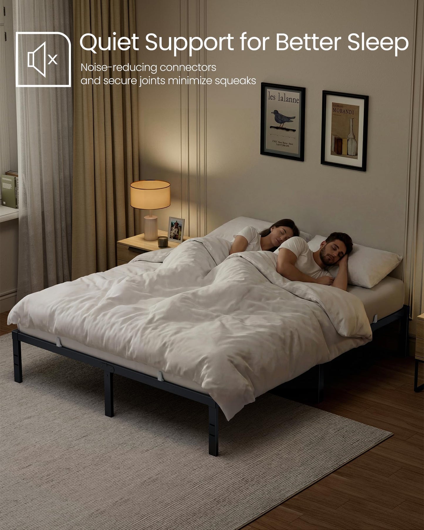 VASAGLE Queen Metal Bed Frame 14 Inches Tall, 1100 lb Weight Capacity, No Box Spring Needed, with Under-Bed Storage, Easy Setup, Heavy-Duty Platform Bed, Mattress Retainers, Matte Black URMB651BD02S