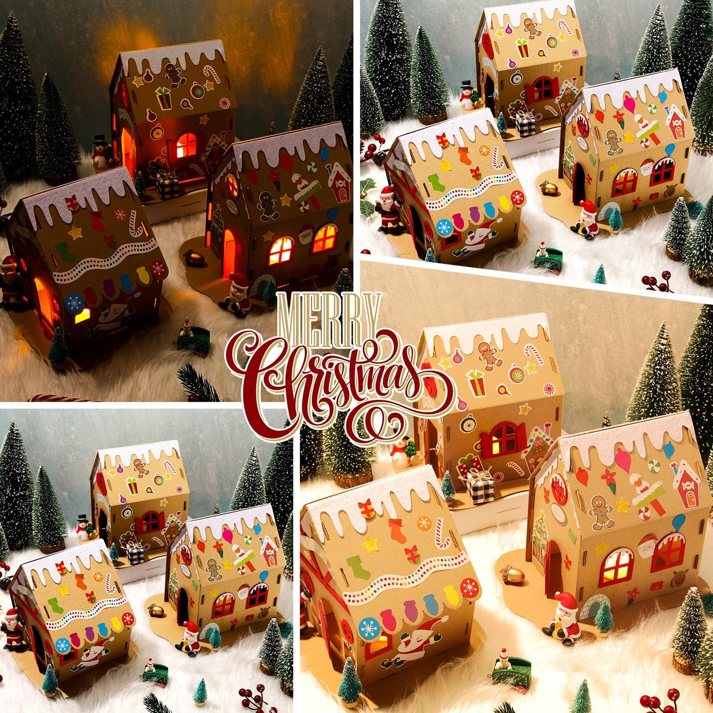 Hiboom 15 Pack Christmas Craft Kit Large Christmas Gingerbread House Kit with Flameless Candle Xmas Craft House Make a Gingerbread House Craft 3D Xmas Craft for Holiday Party Game Craft Decor Supplies