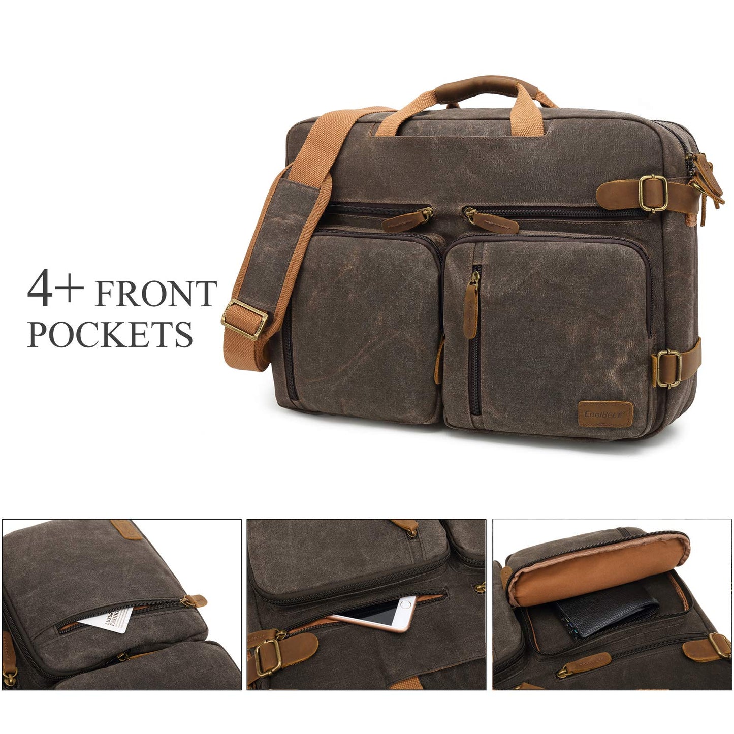 CoolBELL Laptop Messenger Bag Vintage Shoulder Bag Convertible Backpack Retro Briefcase Versatile Travel Bag Fits 17.3 Inch Laptop For Men Business (Waxed Canvas Brown)