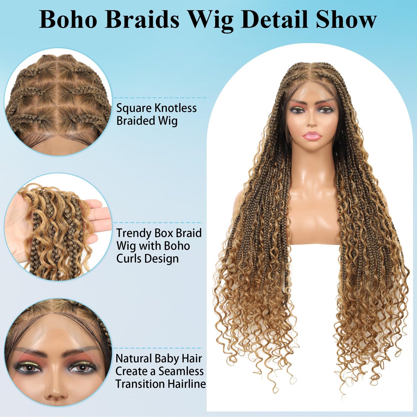 Olymei 360° HD Full Lace Braided Wigs Boho Braided Wigs Square Knotless Braided Wigs for Women Box Braid Wig with Curly End Braided Lace Front Wigs with Baby Hair Human Hair Blended 36" Light Brown