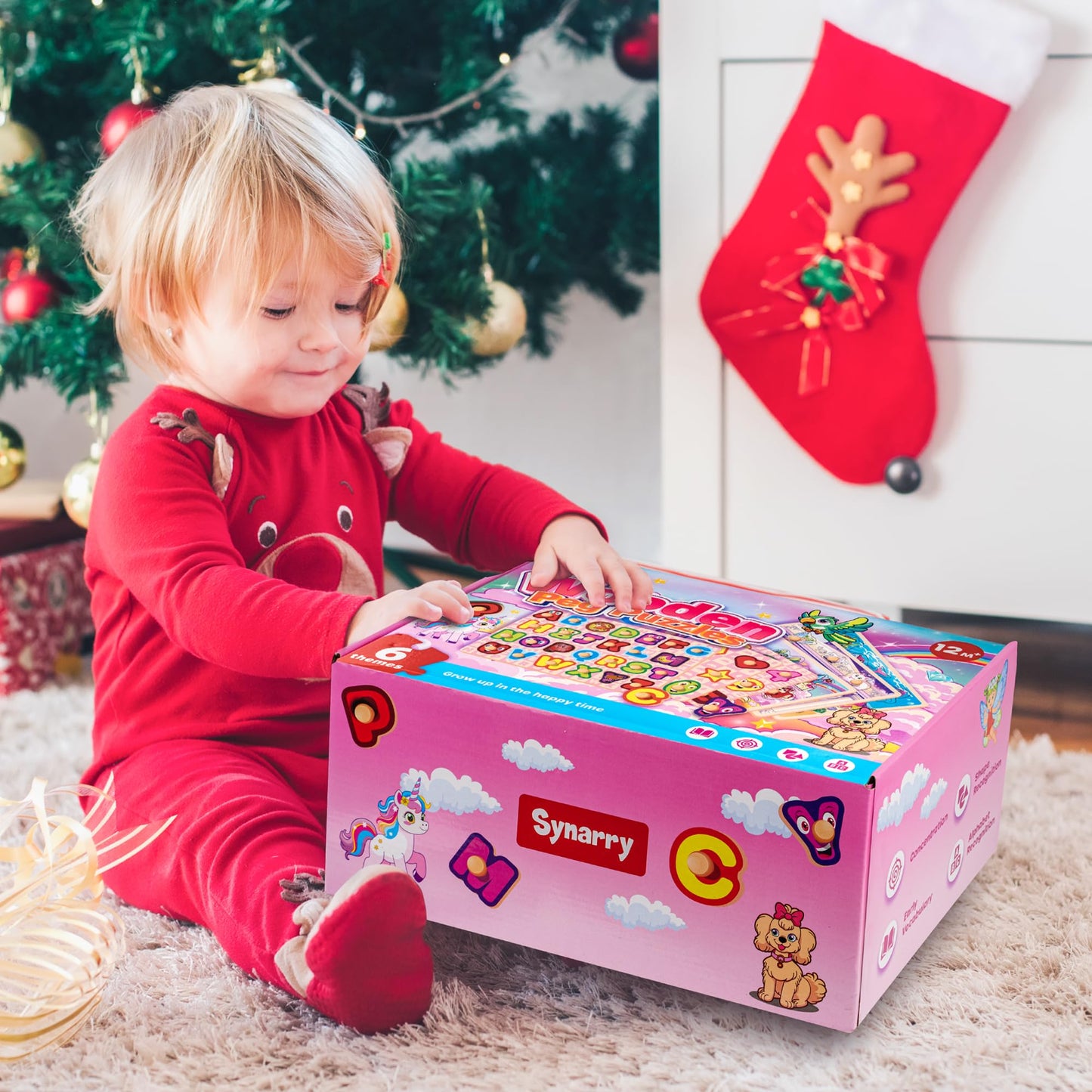 SYNARRY Wooden Puzzles for Toddlers 1-3, 6XSET Toddlers Puzzles Ages 1-3 with Rack, Learning Alphabet Number Shape Unicorn Princess Mermaid Animal, Christmas Toys Gifts for 1 2 3 Years Old Girl Gifts