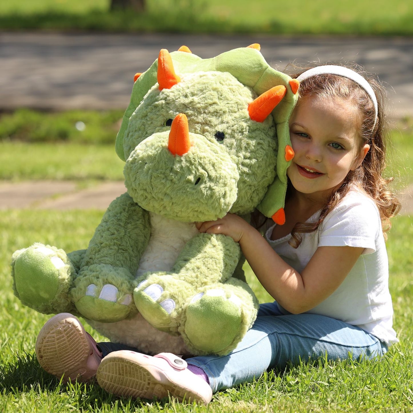 Tezituor 24inches Green Dinosaur Stuffed Animals, Large Stuffed Dinosaur Triceratops Plush Toys, Hugging Soft Dino Plush Pillow for Kids Adult