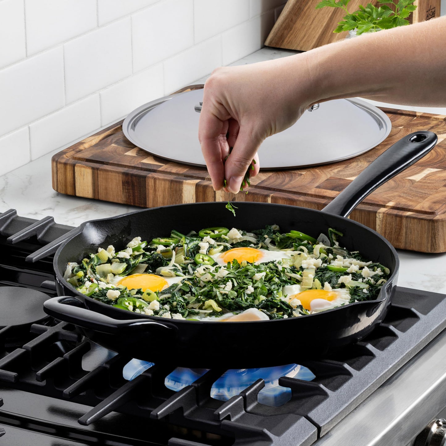 All-Clad Cast Iron Skillet - 12โ Enameled Cast Iron Pan with Lid, Enamel Coating, Grill, Oven Safe up to 650ยฐF & Compatible with All Stovetops (Gas, Electric & Induction), Easy-Clean Frying Pan, Black