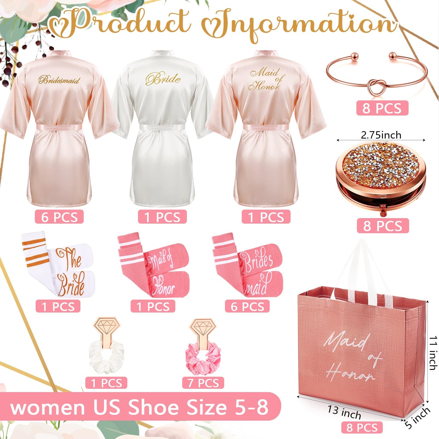 Toulite 48 Pcs Bridesmaid Robe Sets Silk Satin Bride Party Robes with Bachelorette Gift Handbags Knot Bracelets Hair Ties Rhinestone Mirrors and Socks for Bridesmaid Wedding Bachelorette Party