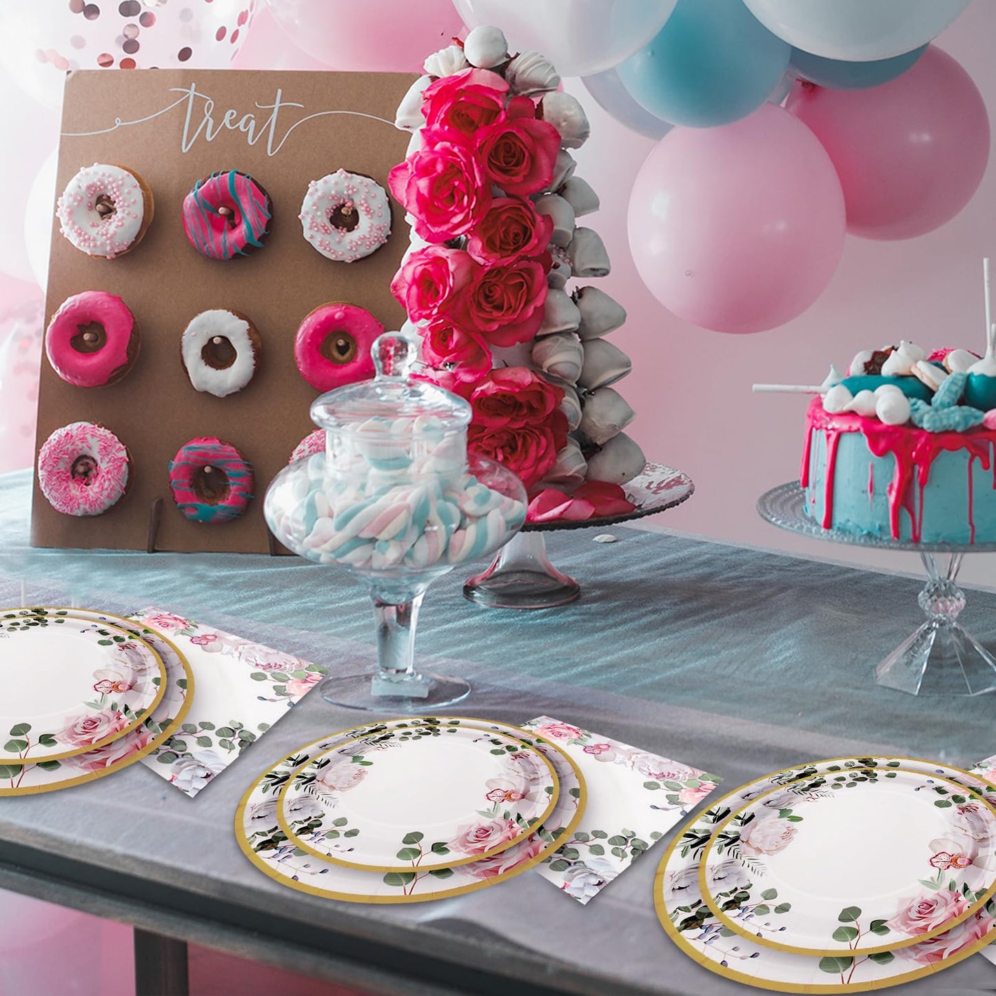 AWLZJZQA 350 PCS Floral Plates and Napkins Party Supplies Serve 50 Flower Disposable Paper Dinnerware Sets for Adults Bridal Shower Decorations Baby Shower Birthday Wedding Engagement Tea