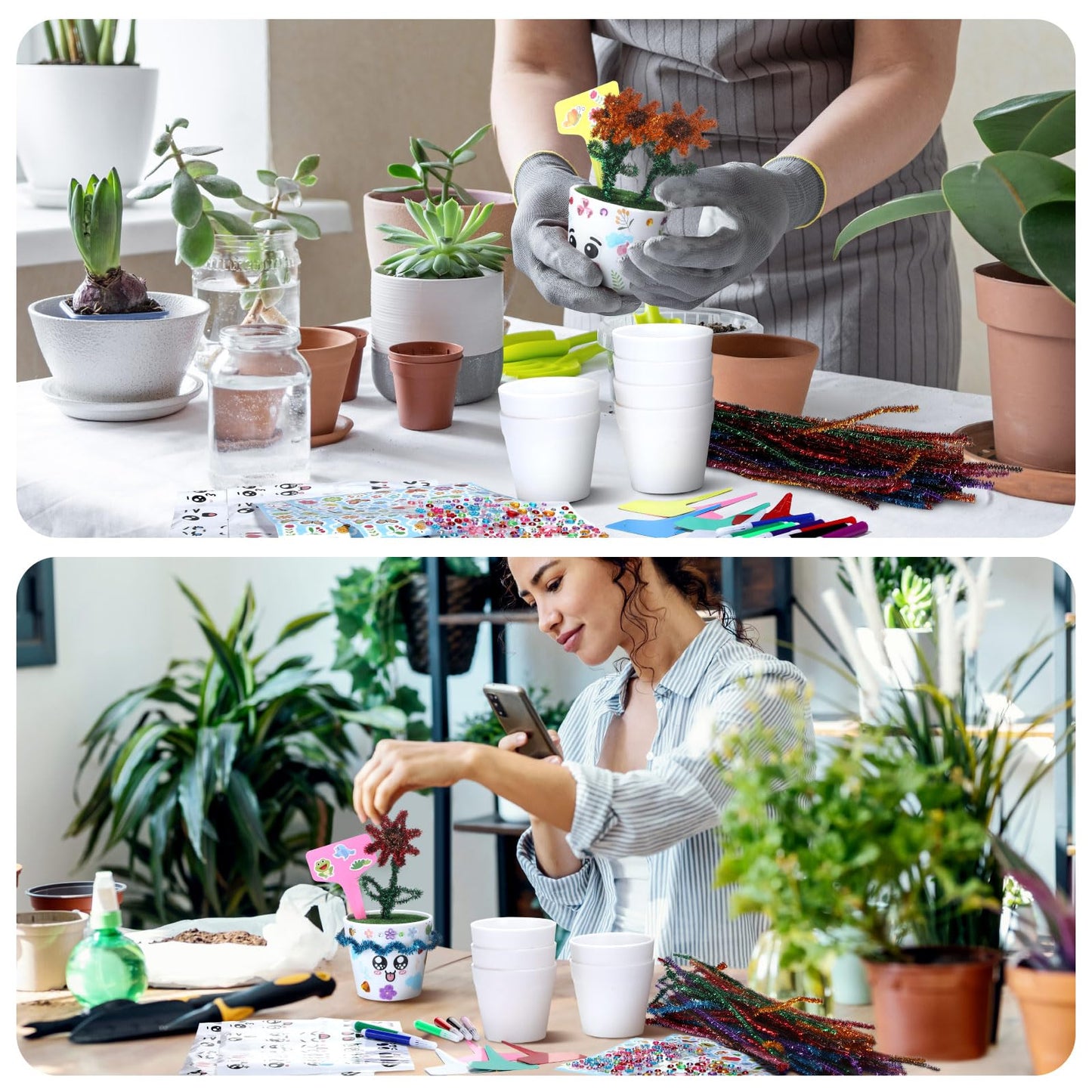 Funnymoom 36 Set Garden Plastic Pot Craft Kit DIY Flower Plant Spring Craft Pot with Pipe Cleaners Stickers Flower Planting Growing Kits for Creative Activity Art Project Home Bulk Painting