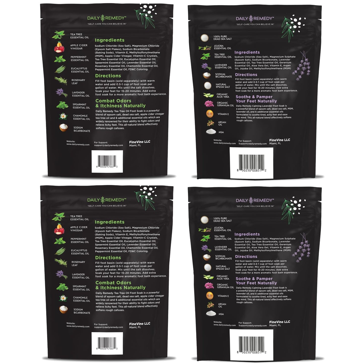 DAILY REMEDY 4-Pack - 2 Extra Strength Tea Tree Oil & 2 Calming Lavender Foot Soak Set - Made in USA - Soothes Sore Tired Feet, Athletes Foot, and Softens Calluses - 64 oz