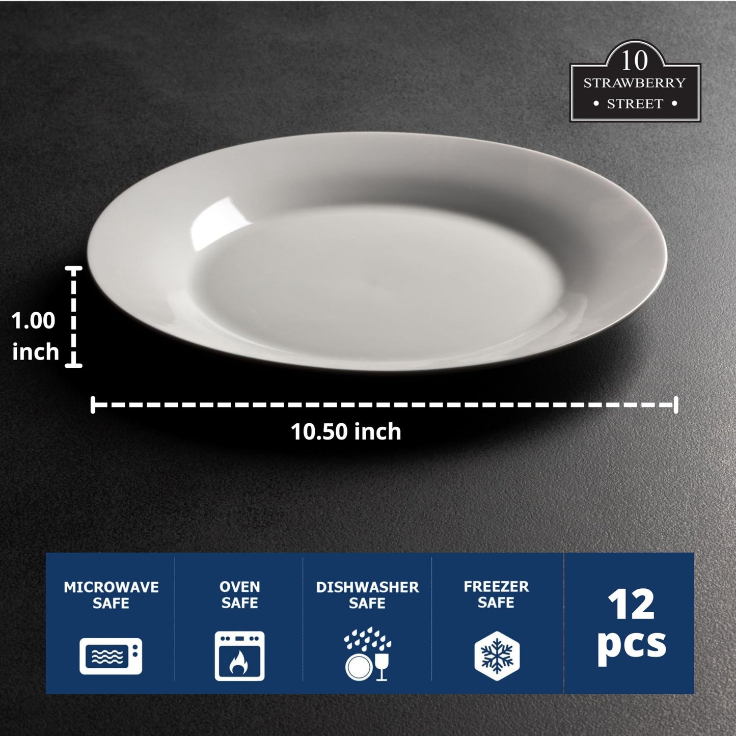 10 Strawberry Street 10.5" Catering Round Dinner Plate, Set of 12 , White