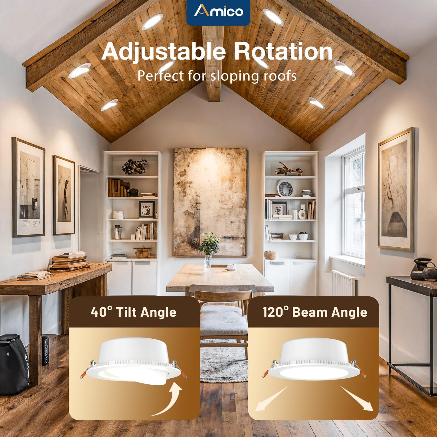 Amico 6 Pack 6 Inch 5CCT Gimbal LED Recessed Lighting, Directional Adjustable Ceiling Downlight, Angled Dimmable Canless Light with Jbox, 2700K-5000K Selectable, 15W 100W Eqv, 1100LM, ETL&FCC