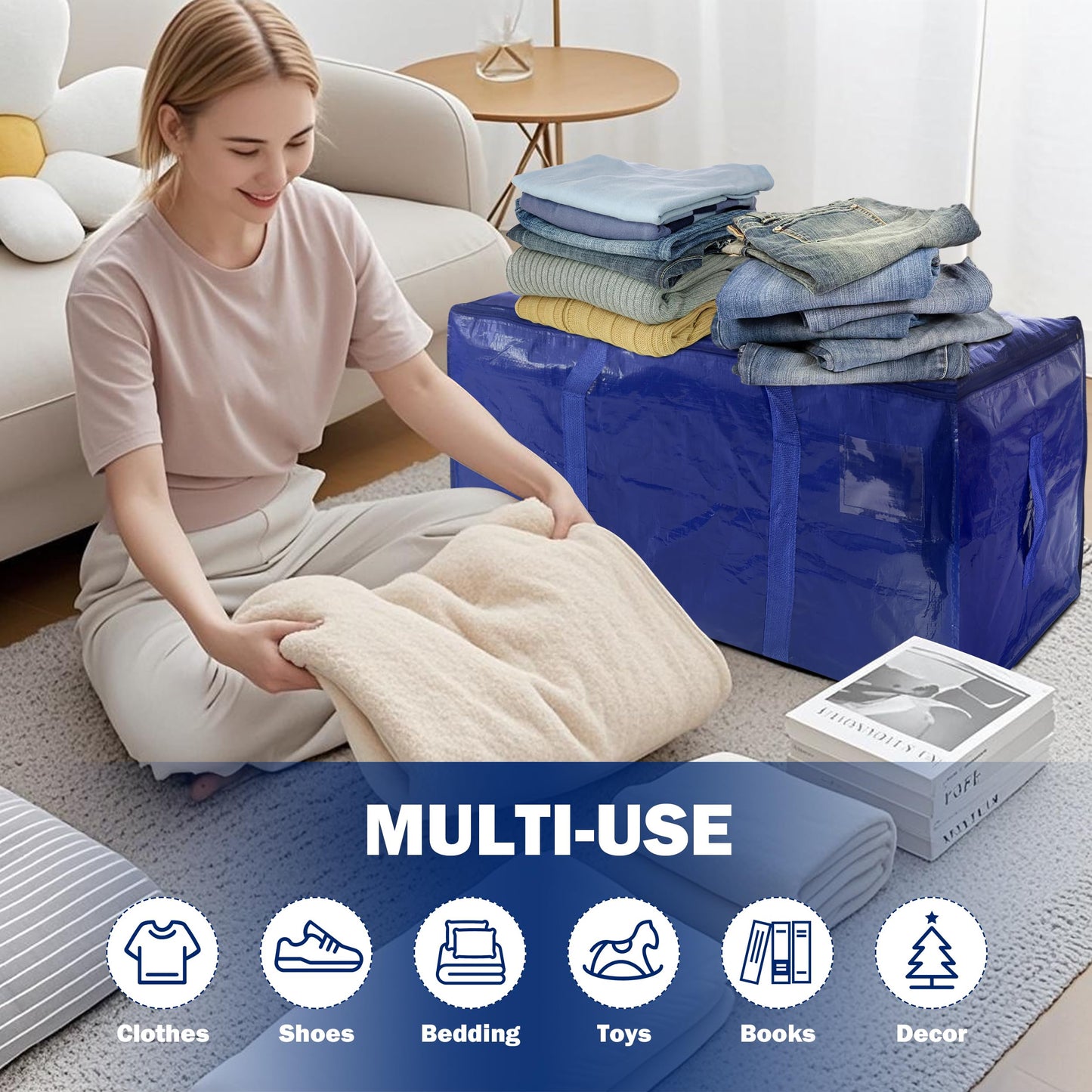8 Pack Extra Heavy Duty Large Moving Bags with Strong Zipper & Carrying Handles, Sturdy Clothes Storage Bag Totes Bins, Packing Bags Moving Boxes College Moving Supplies, Dark Blue - 40 gal