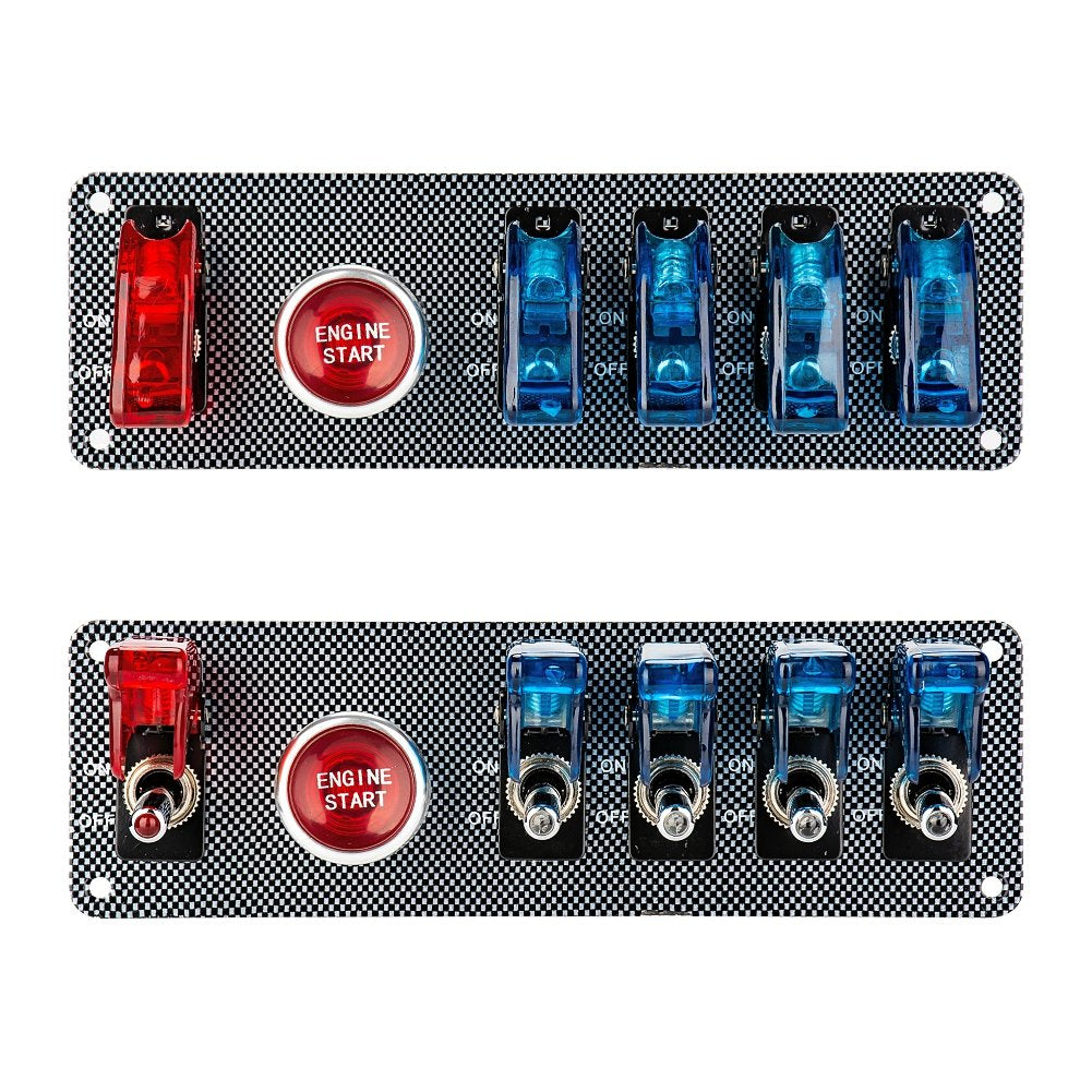 Jtron dc12v flip-up Ignition Switch Panel,5 in 1 car Engine Start Push Button led Toggle Switch Panel for Racing Sport Competitive car (4 Blue 1 Red)