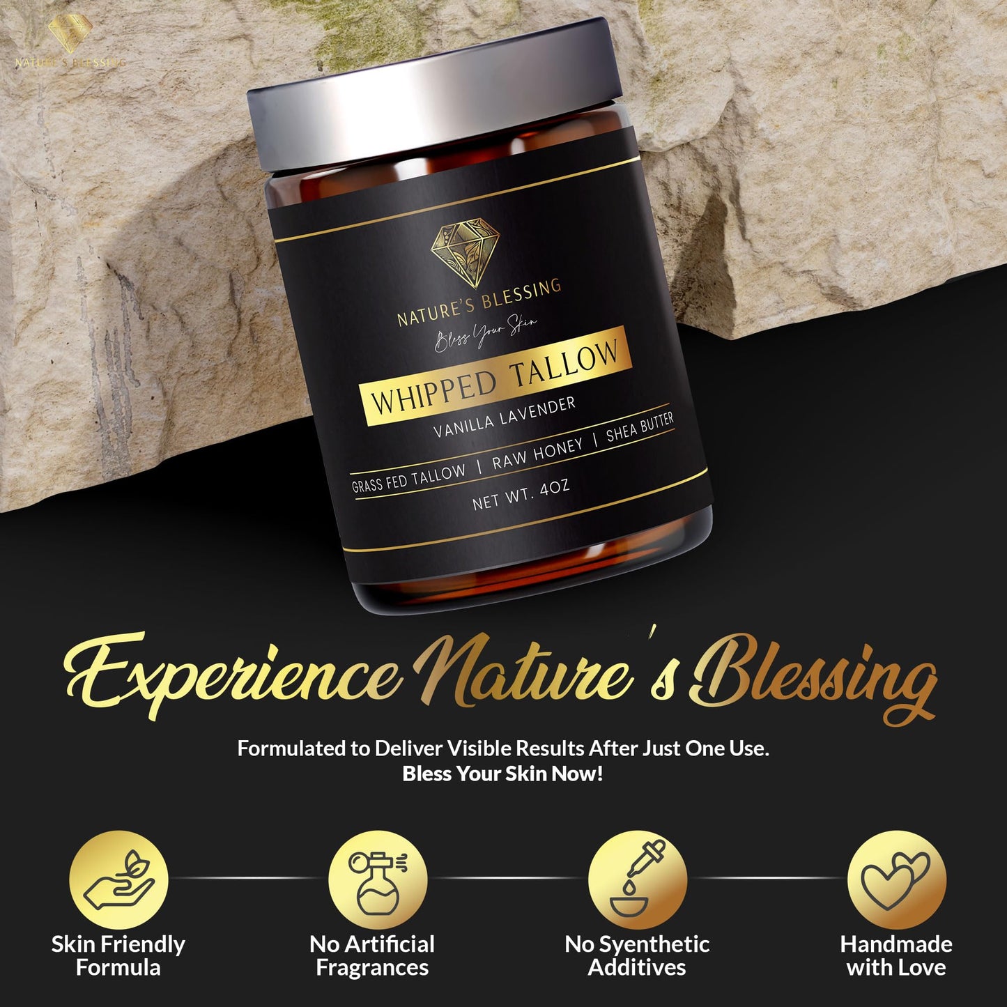 100% Grass Fed Beef Tallow for Skin Infused with Organic Honey, Organic Shea Butter - Organic Vanilla Lavender Scented - Collagen Booster - 100% Natural Skincare - Deep Moisturization - PATENT PENDING