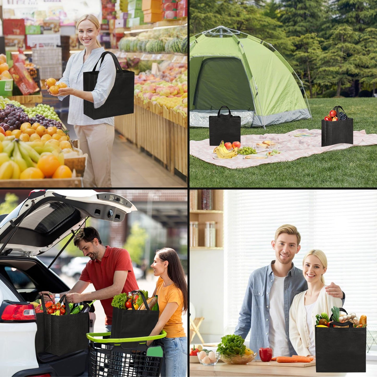 JERIA 100 Pack Black Reusable Totes Bag with Reinforced Handles Non Woven Bulk Shopping Bags