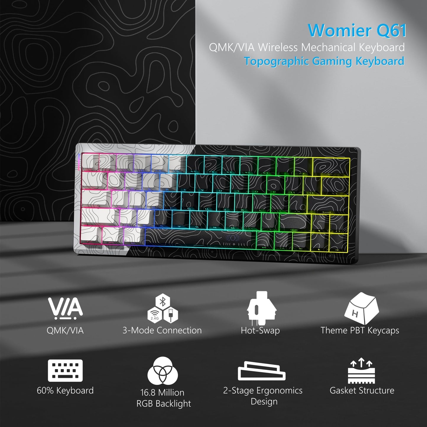 Womier Q61 60% Percent Keyboard with QMK/VIA Topographic Gaming Keyboard, Wireless Creamy Mechanical Keyboard, RGB Custom Keyboard Gasket Hot Swappable Keyboard for Windows & Mac-POM Linear Switch