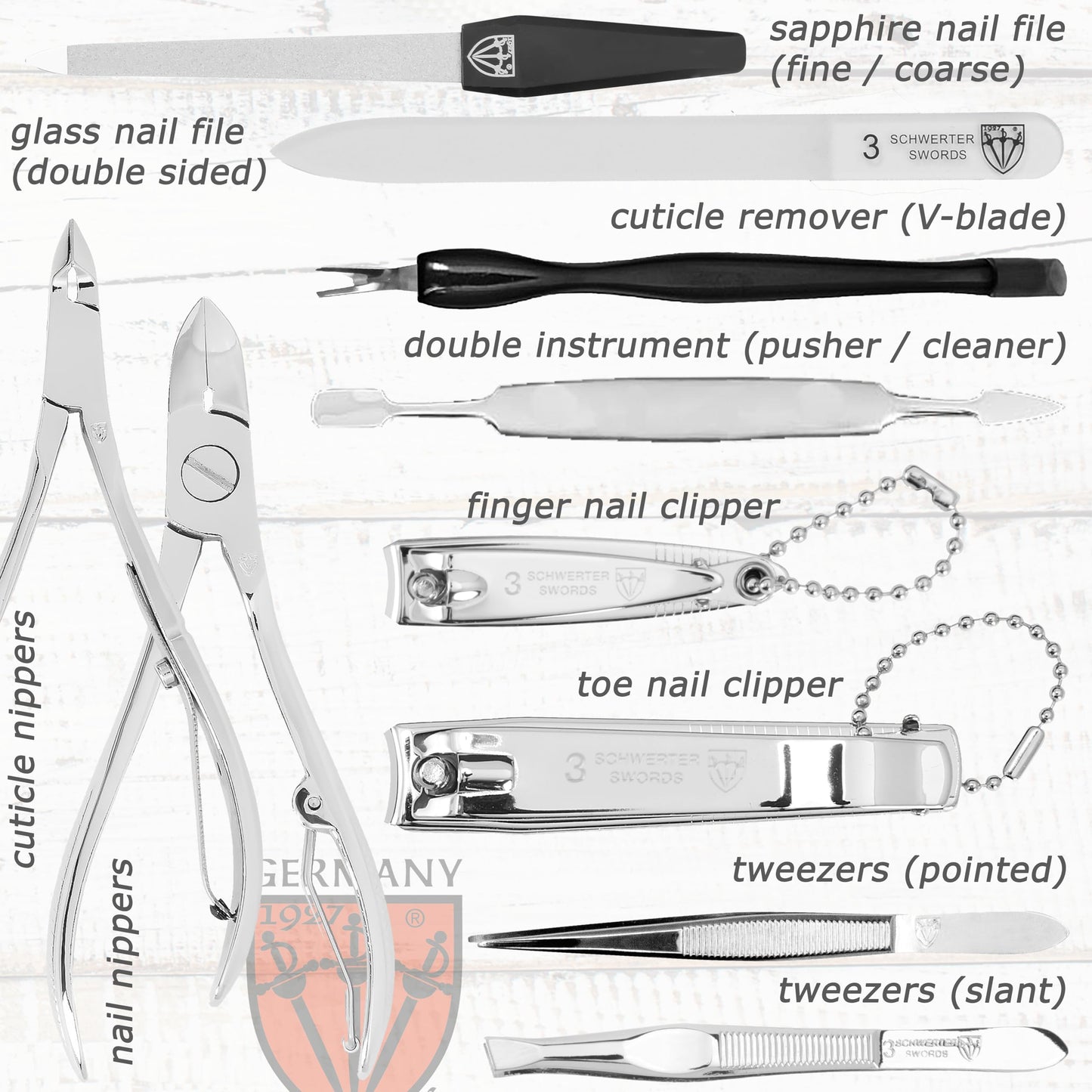 3 Swords Germany - brand quality 12 piece manicure pedicure grooming kit set for professional finger & toe nail care with black genuine leather case - Made in Germany