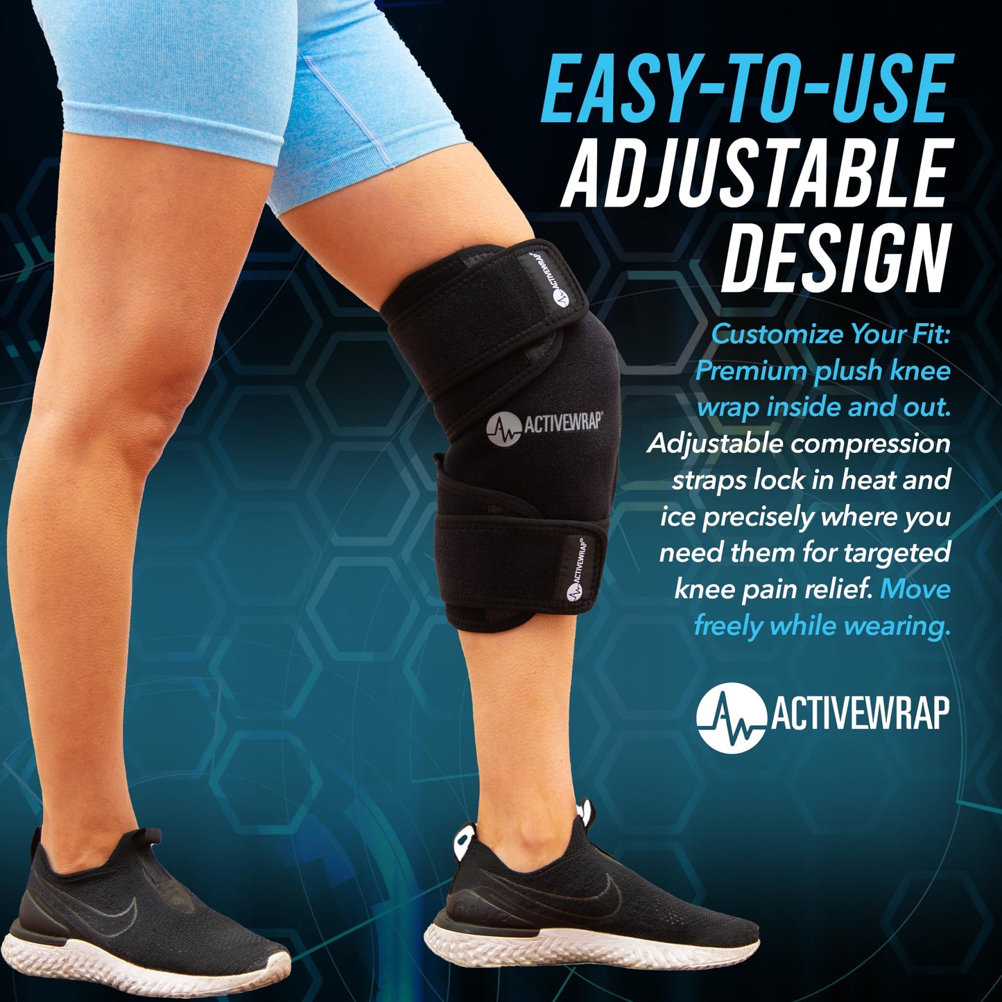 ActiveWrap - Knee Ice Pack Wrap with Compression, 2 Reusable Gel Heat & Cold Packs for Knee Pain, Sore Legs & Shin Splints. Flexible Cold Wrap for Injury and Swelling Control & Joint Support - One Size Fits Most
