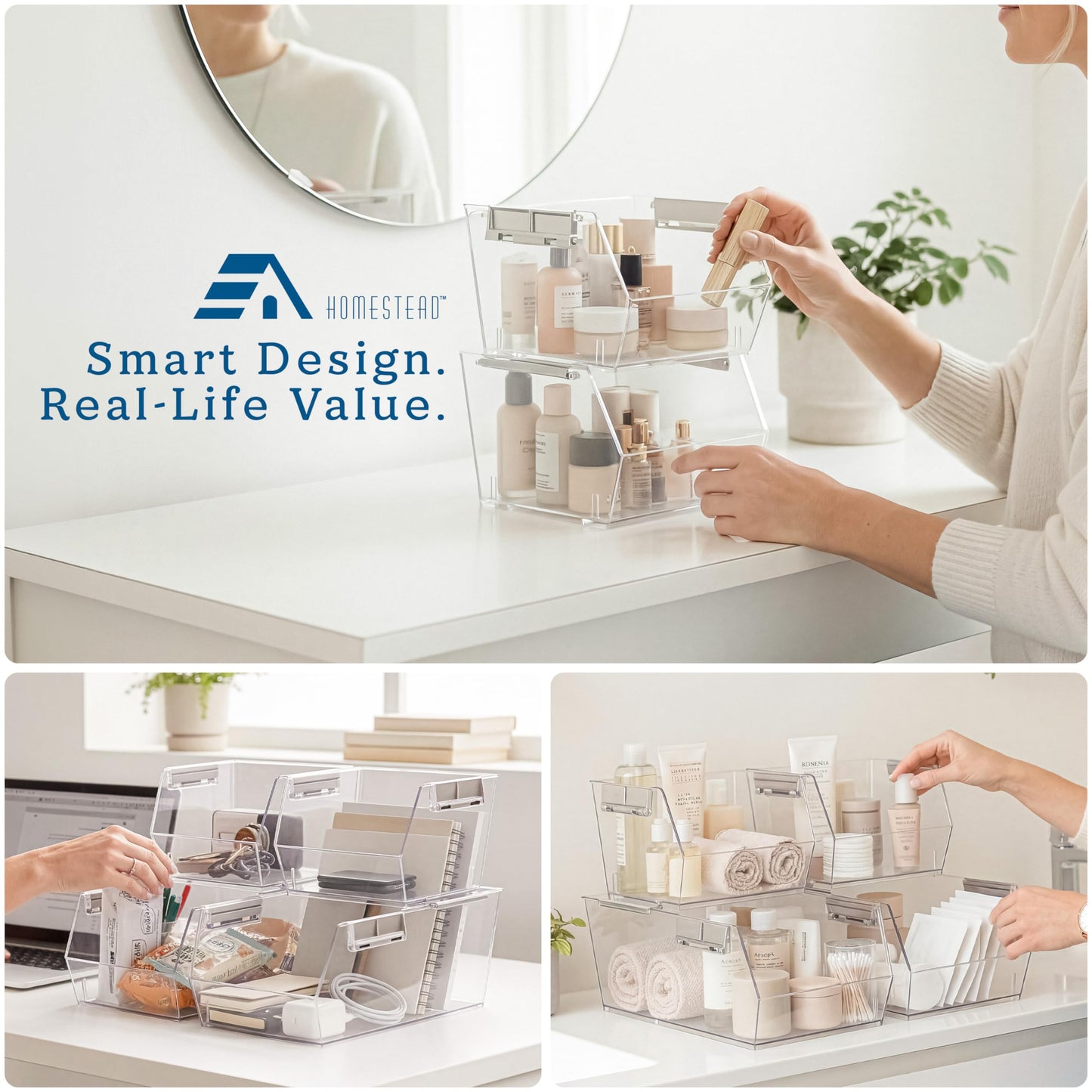 HOMESTEAD Set of 8 Stackable Storage Bins, 4 Large + 4 Small Clear Plastic Organizer Bins, Open Front Design for Kitchen Pantry, Fridge, Cabinet, Bathroom Organization and Bulk Snack Storage