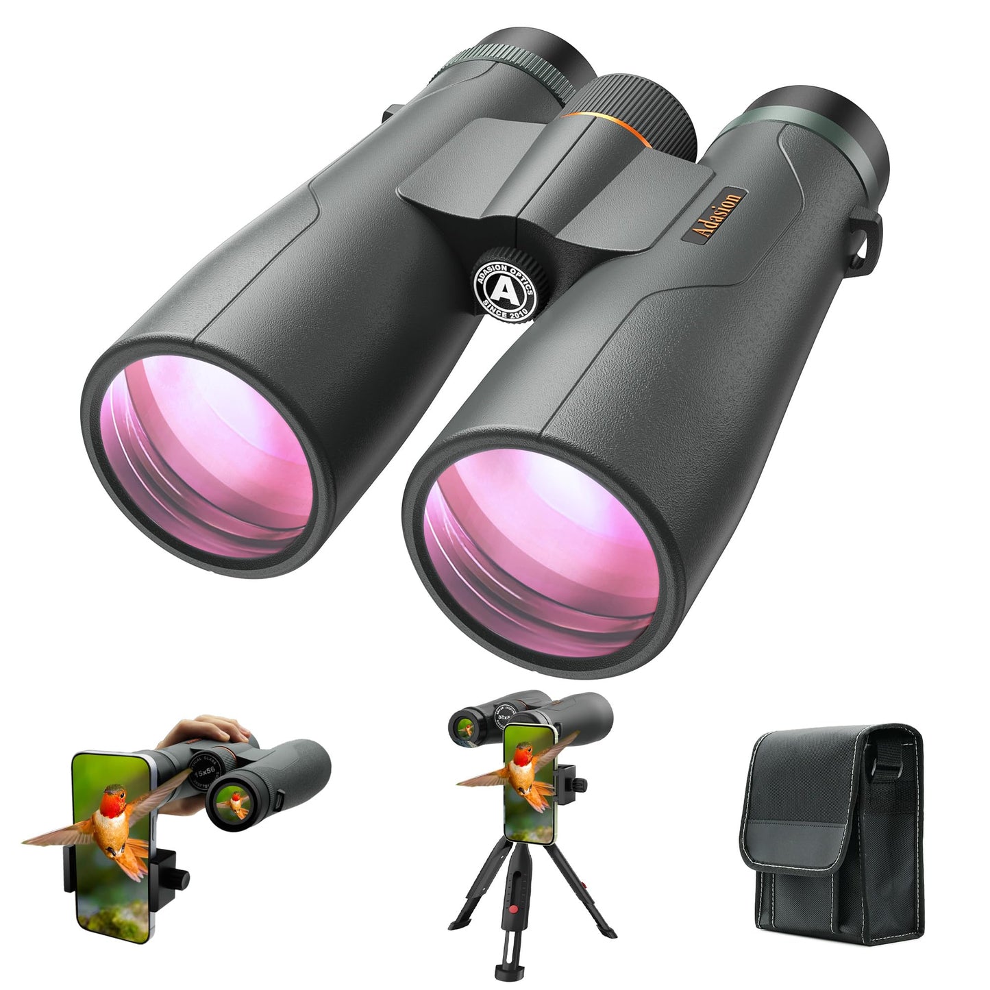 Adasion 15x56 UHD Binoculars for Adults High Powered with Phone Adapter and Tripod, Super Powerful BAK4 Prism Waterproof Binoculars for Hunting Stargazing Bird Watching Hiking Safari Travel Sports