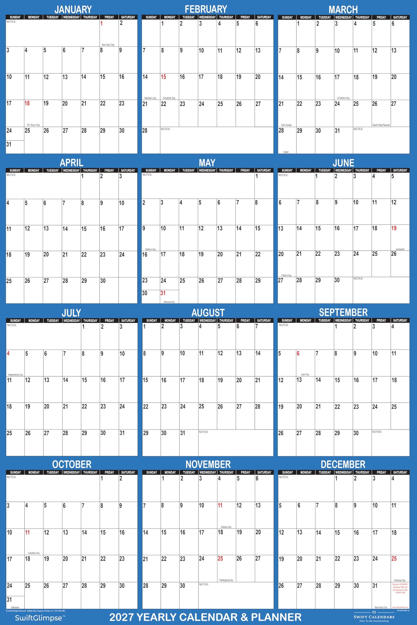 24" x 36" SwiftGlimpse 2027 Wall Calendar Erasable Large Wet & Dry Erase Laminated 12 Month Annual Yearly Wall Planner, Reversible, Horizontal/Vertical, Dark Blue