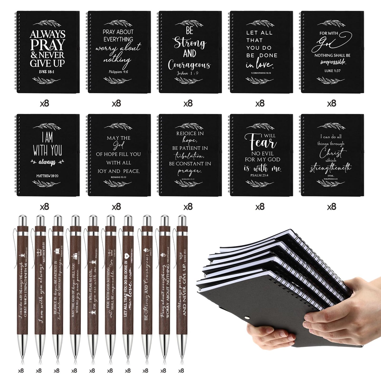 Kosiz 160 Pcs/ 80 Set Christian Gift Bulk A5 Spiral Notebook 5.5"x8.3" Christian Notebook Prayer Journal Bible Verse Ballpoint Pen Religious Christmas Church Gift for Women Sunday School Family (Black)