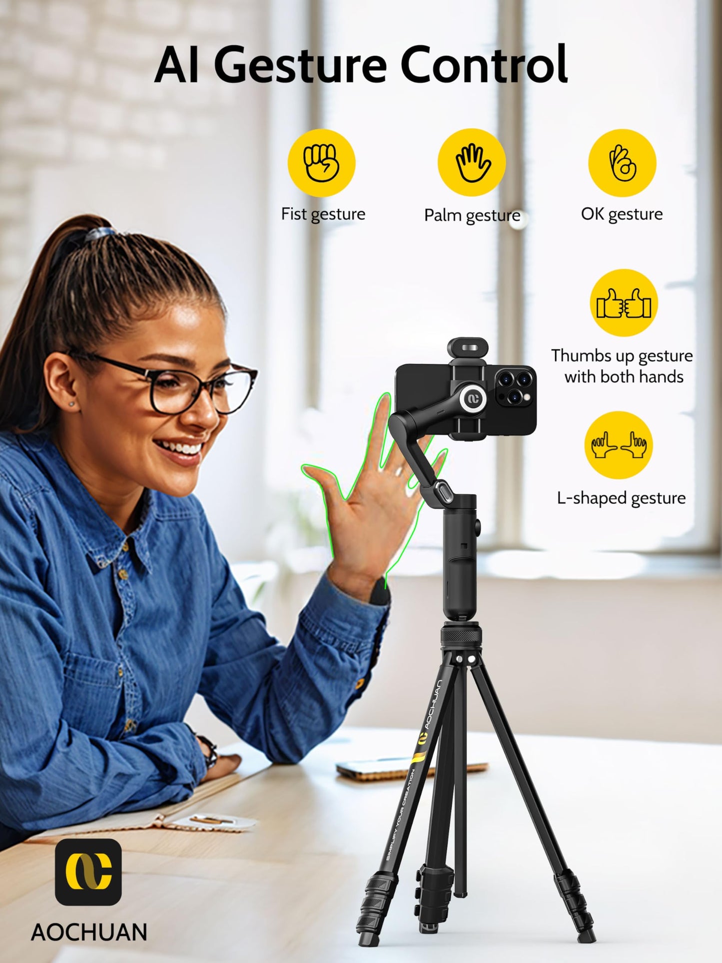 AOCHUAN 3-Axis Gimbal Stabilizer for iPhone & Android w/RGB Light, Handheld Phone Gimbal for Video Recording w/AI Tracking,1/4 Thread, Extendable Tripod, Padded Carry Bag(Smart X Complete Combo1)