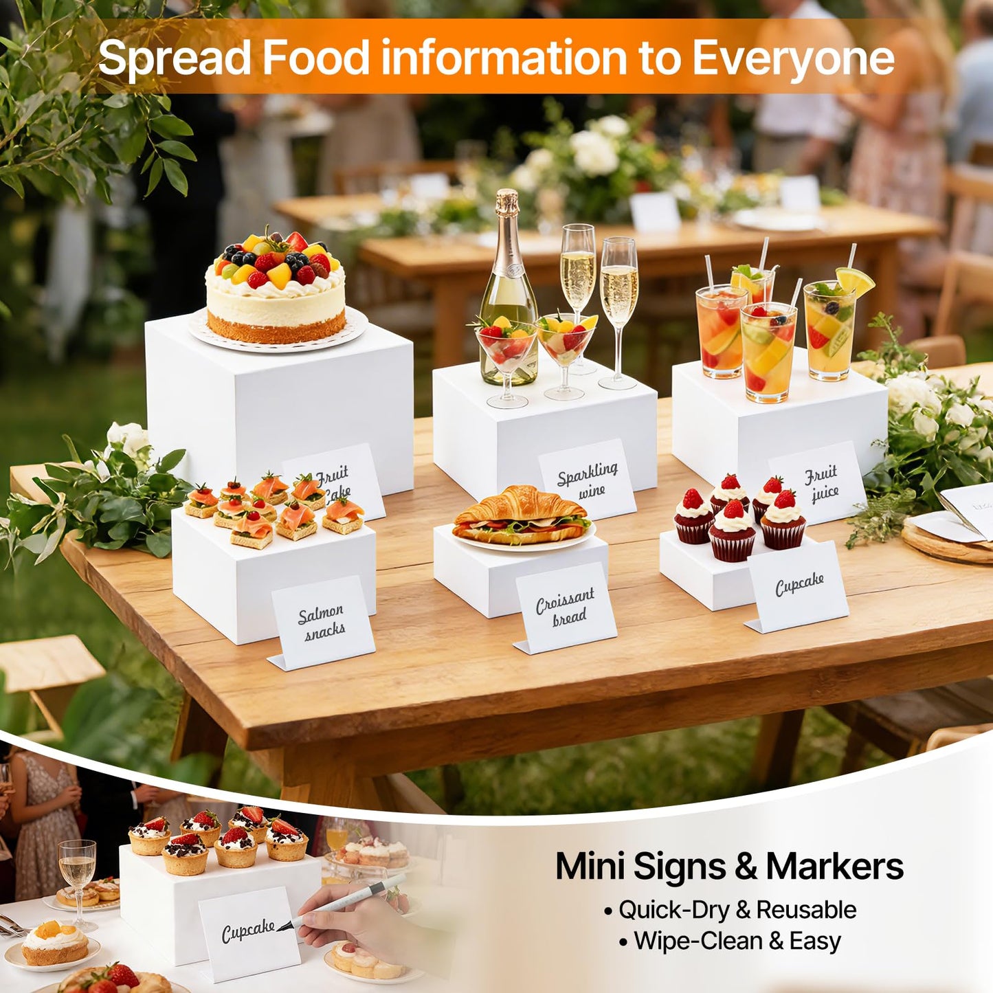 Nestable Buffet Risers - 6 Pcs White Acrylic Food Risers with Signs & Markers – Sturdy Dessert Table Display Stands for Parties, Catering, Jewelry & Collectibles (Easy-Store Stackable Cubes: 8", 7", 6", 5", 4", 3")