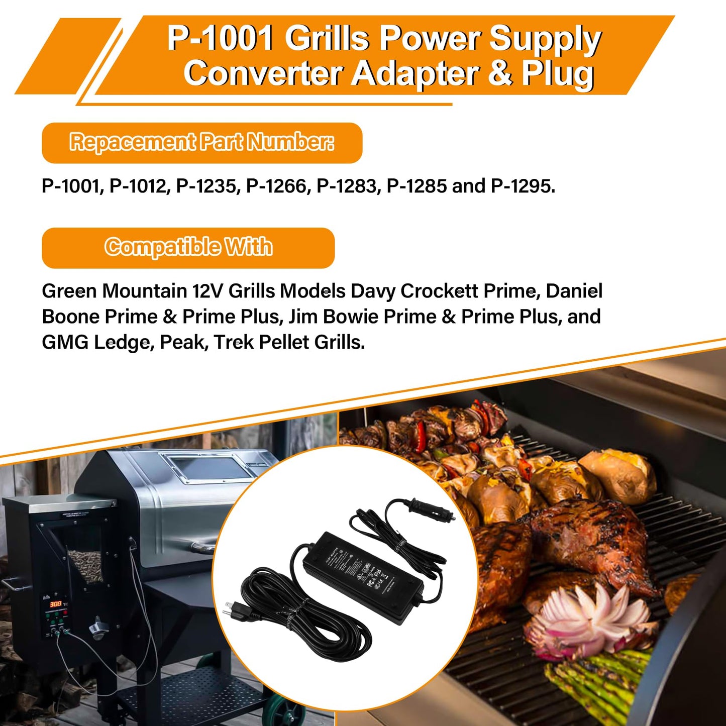 12V Power Supply Converter Adapter Plug for GMG Green Mountain Grill Jim Bowie, Daniel Boone, Davy Crockett Prime/Prime Plus Grill, P-1001 P-1266 Power Cord Replacement Part for Ledge Peak Trek