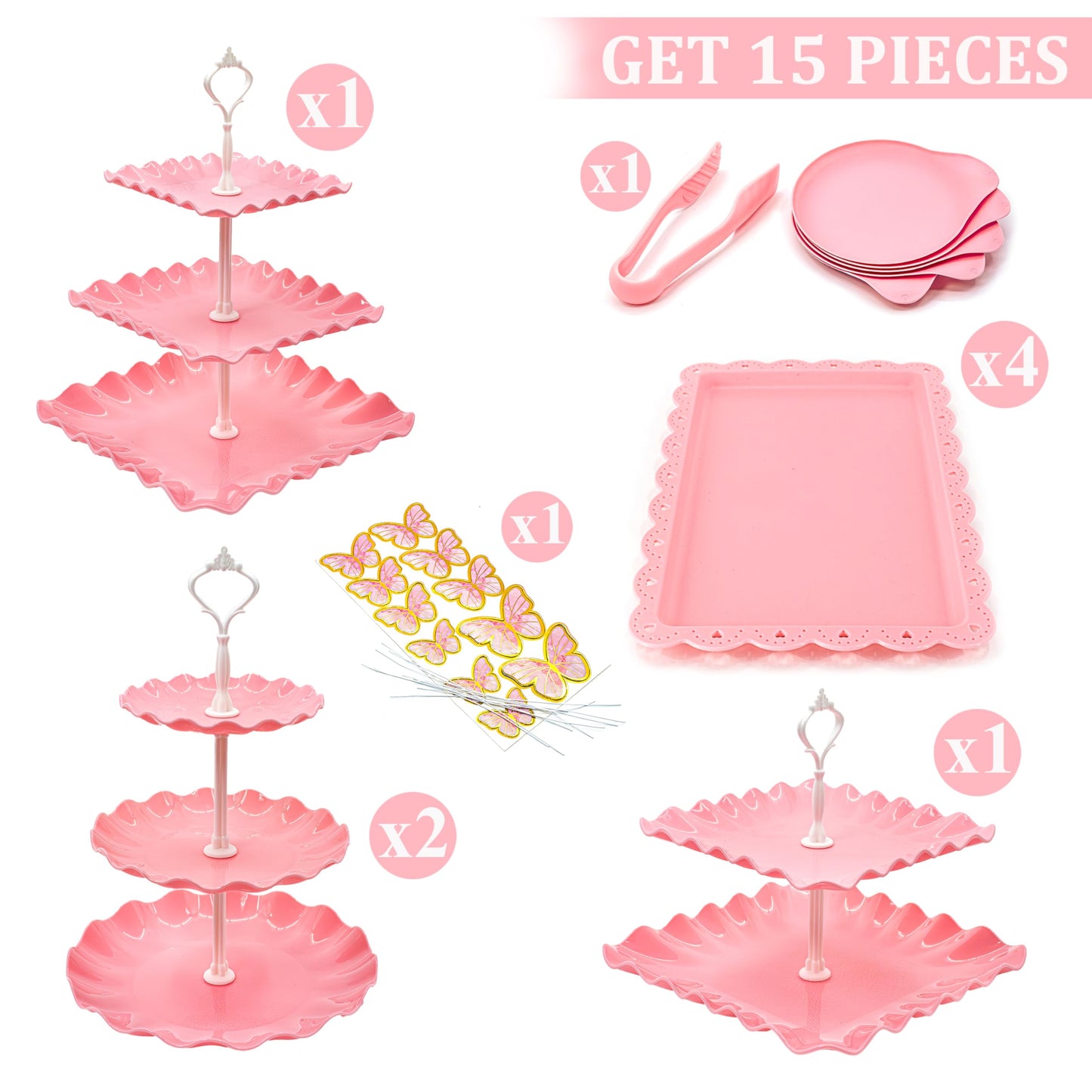 15 PCS Dessert Table Display Set Pink Cupcake Stand,3 Tiered Tray Stand Cup Cake Tower Holder, Cake Stand Serving Trays Dessert Display Stands for Tea Party Wedding Baby Shower Girl-Pink