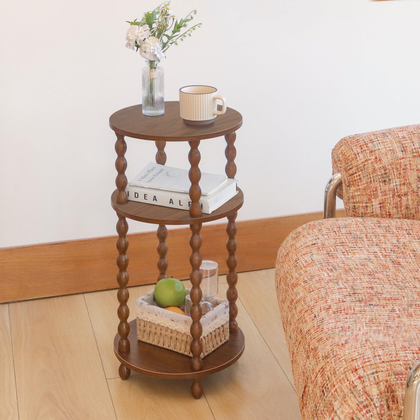 AWASEN Small Round End Table, Round Side Table with 3-Tier Open Shelf for Small Spaces, Wood Accent Table Nightstand for Bedroom, Living Room, Office, Walnut Brown