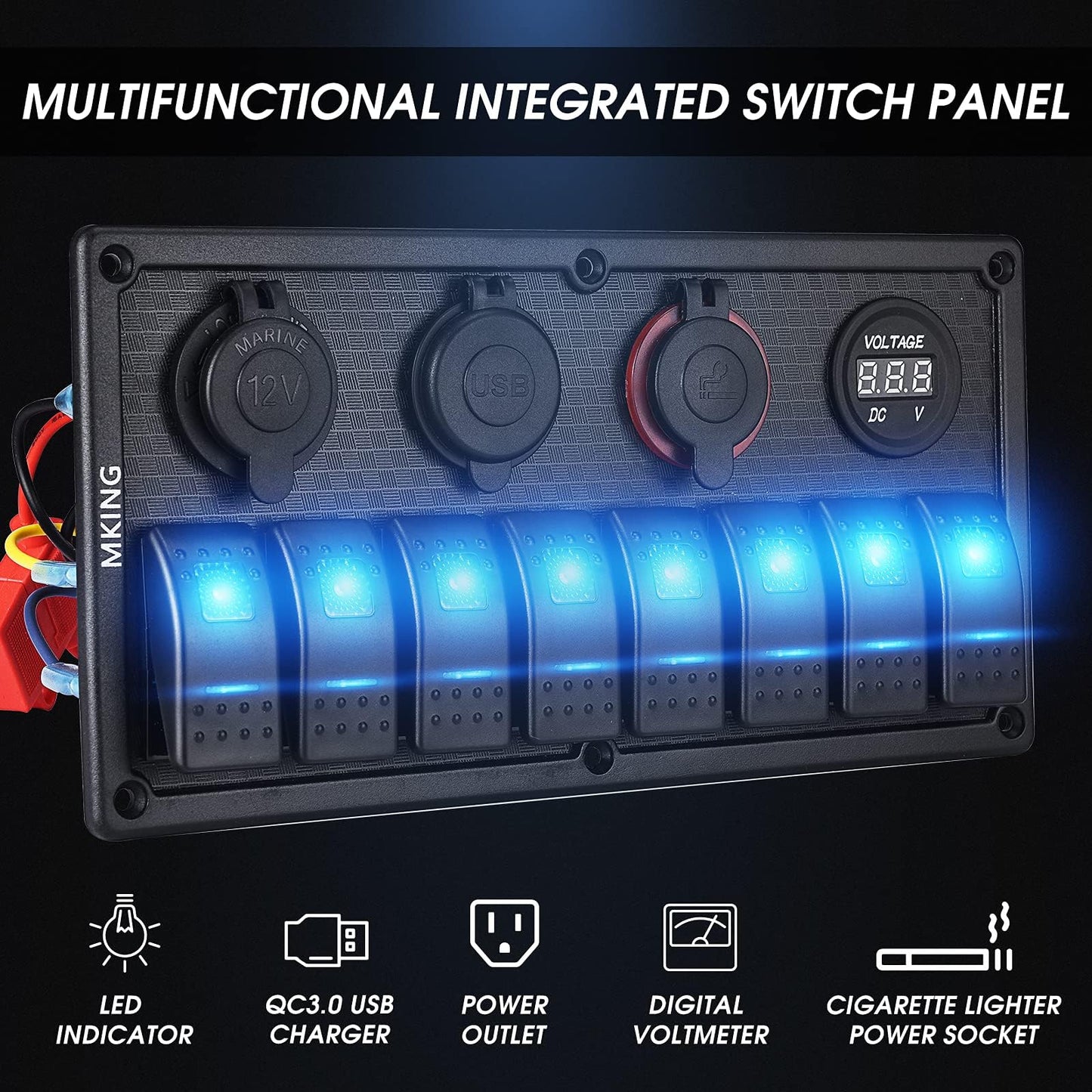 MKING Marine Switch Panel, 8 Gang Waterproof Rocker Switch Panel,Boat Rocker Switches Waterproof with Circuit Breaker USB&Typ-c Charger Digital Voltmeter Cigarette Socket 12V Blue LED Switch Panel