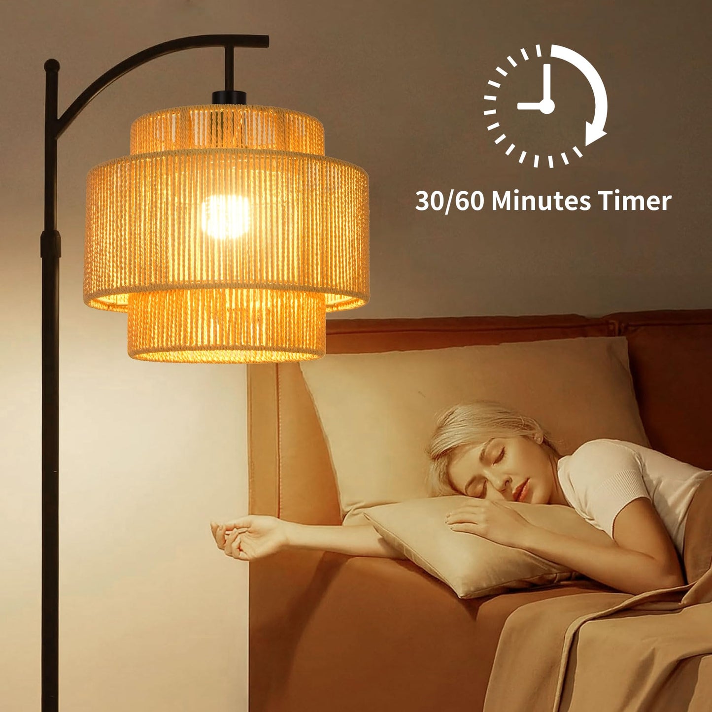 ILLMTW Rattan Floor Lamp for Living Room Bedroom Boho Arc Standing Lamp with Remote Dimmable Black Farmhouse Wicker Bamboo Lamp Shade Floor Light Tall Lamp Industrial Floor Lamps Bohemian Decor