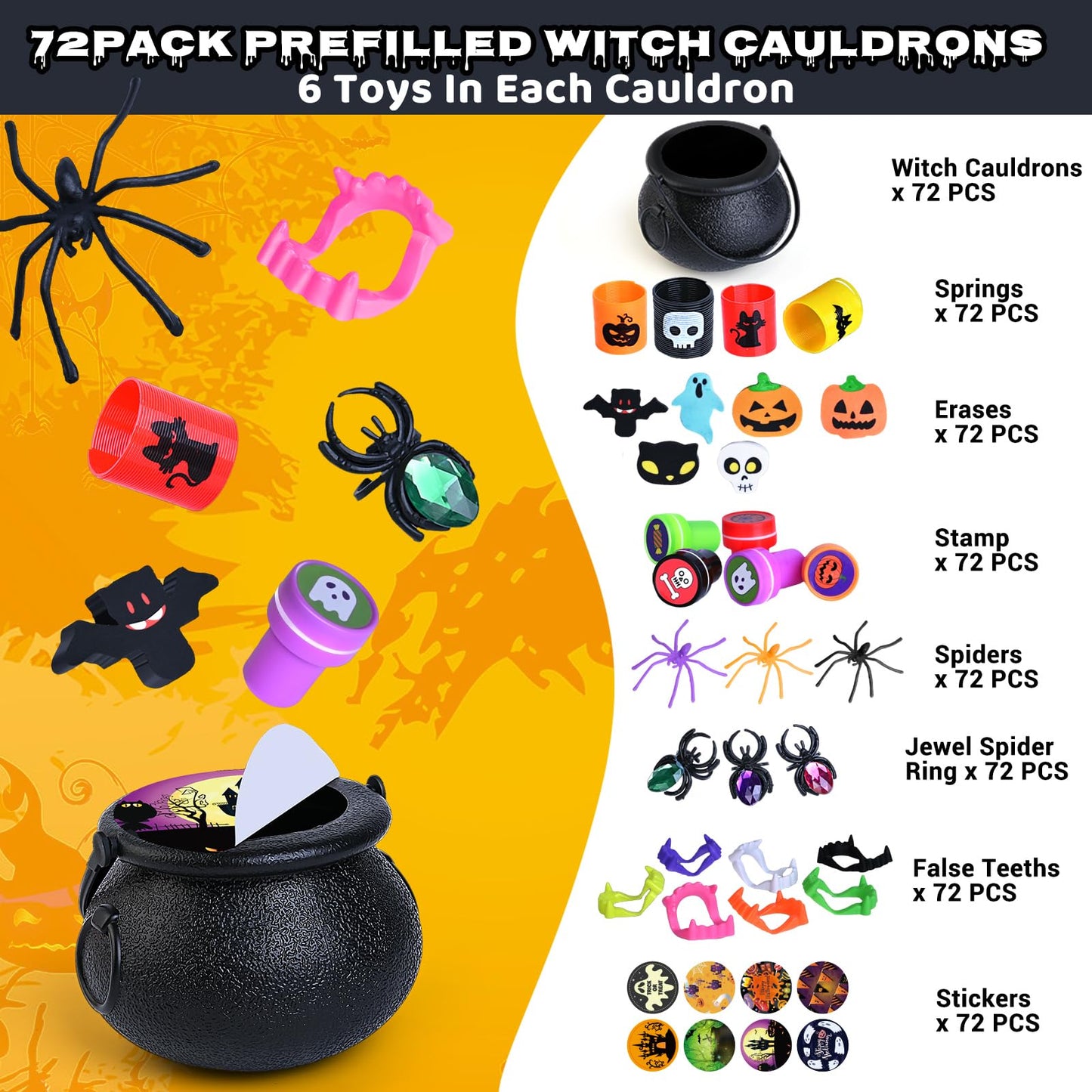Letapapa 576 PCS Halloween Party Favors for Kids, 72 Pack Prefilled Small Plastic Witch Cauldron With Assorted Halloween Toy In Bulk, Miniatures for Kids Trick or Treat, Halloween Classroom Rewards